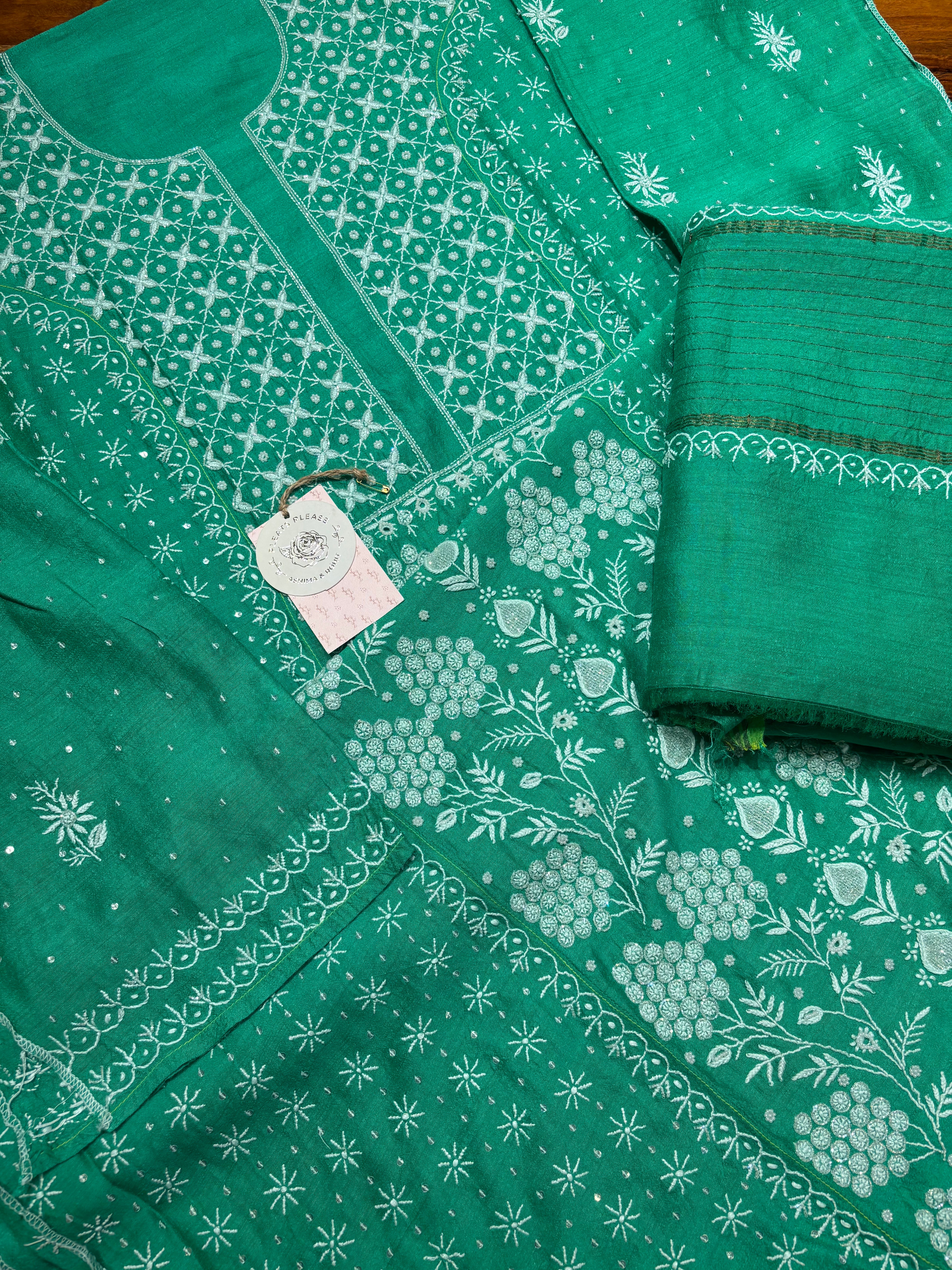 Green Monga silk Chikankari Kurta and Dupatta set