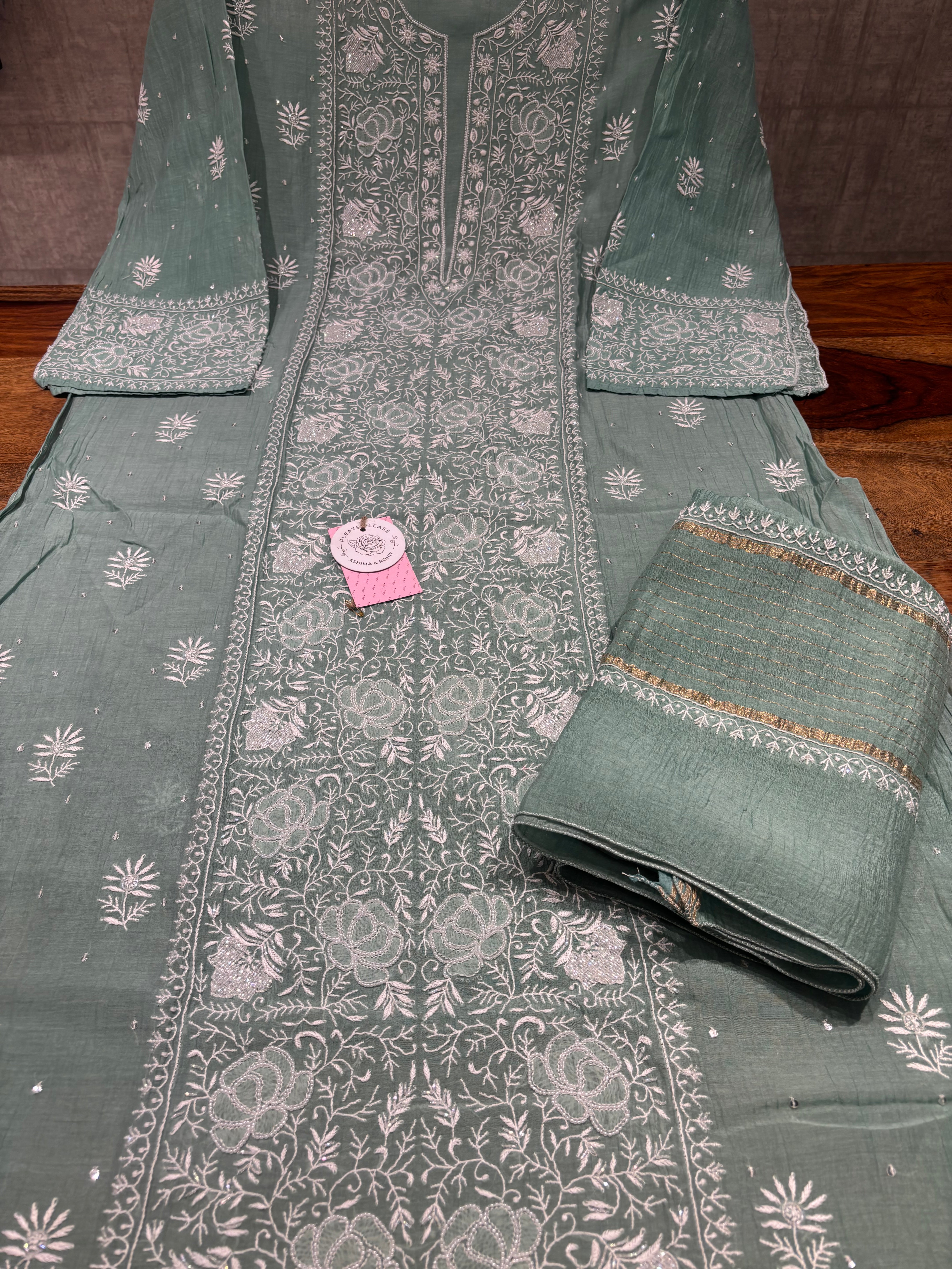 Jade Green Chanderi Mul Chikankari Kurta & Dupatta Set