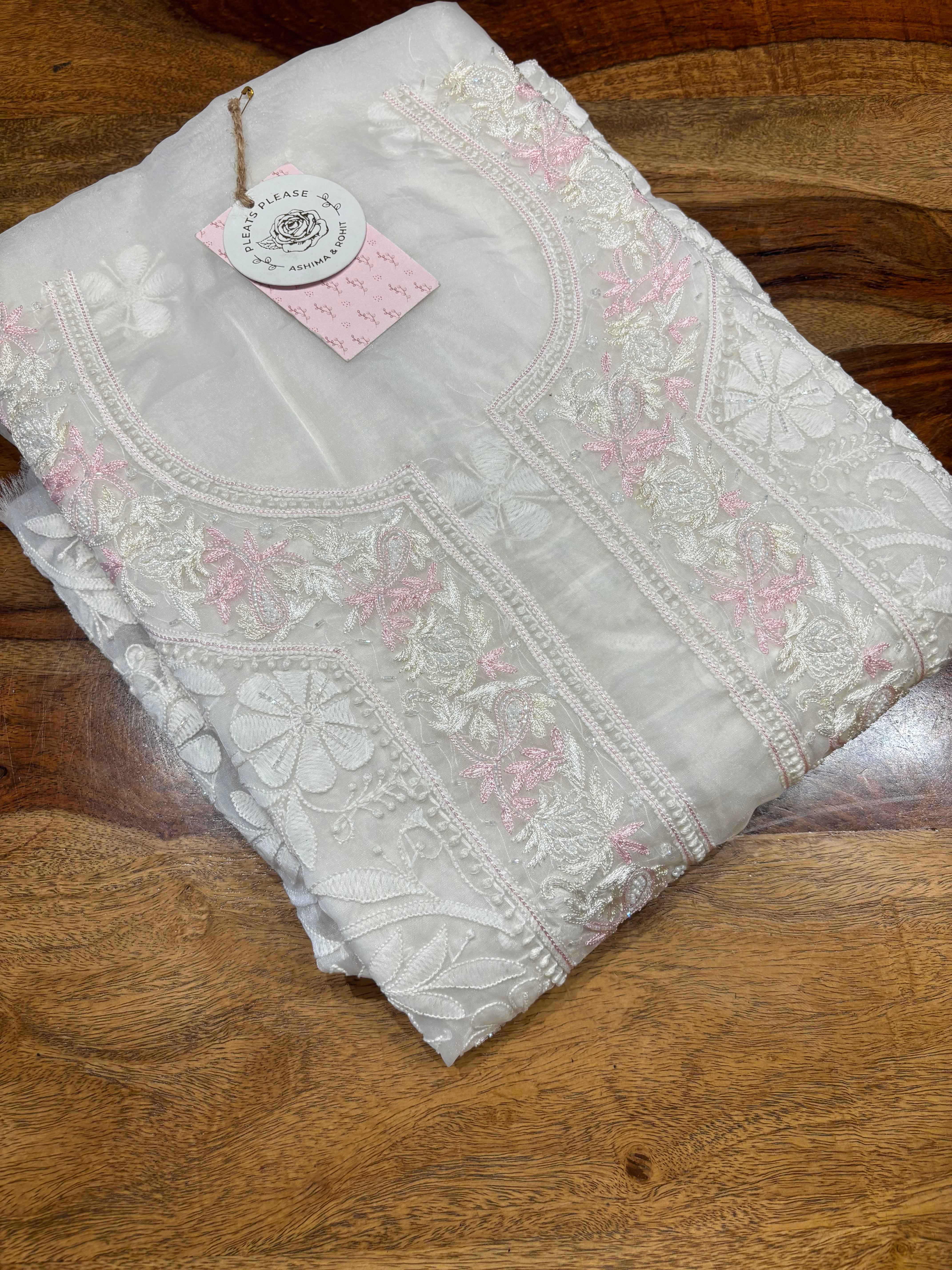 Dyeable Organza Chikankari Kurta Fabric - Pleats PleaseChikankari