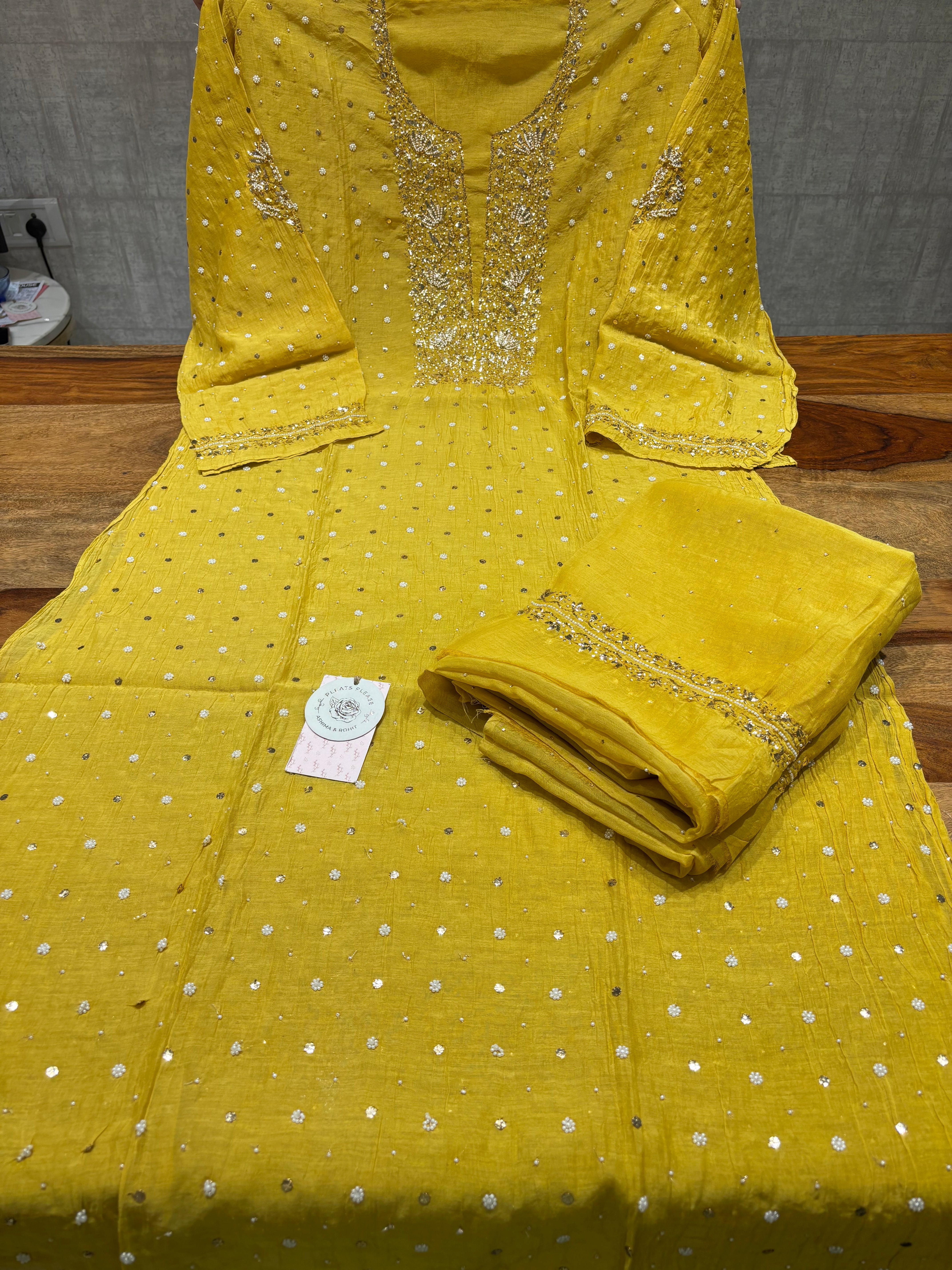 Mustard Yellow Chanderi Mul Mukaish Kurta & Dupatta Set