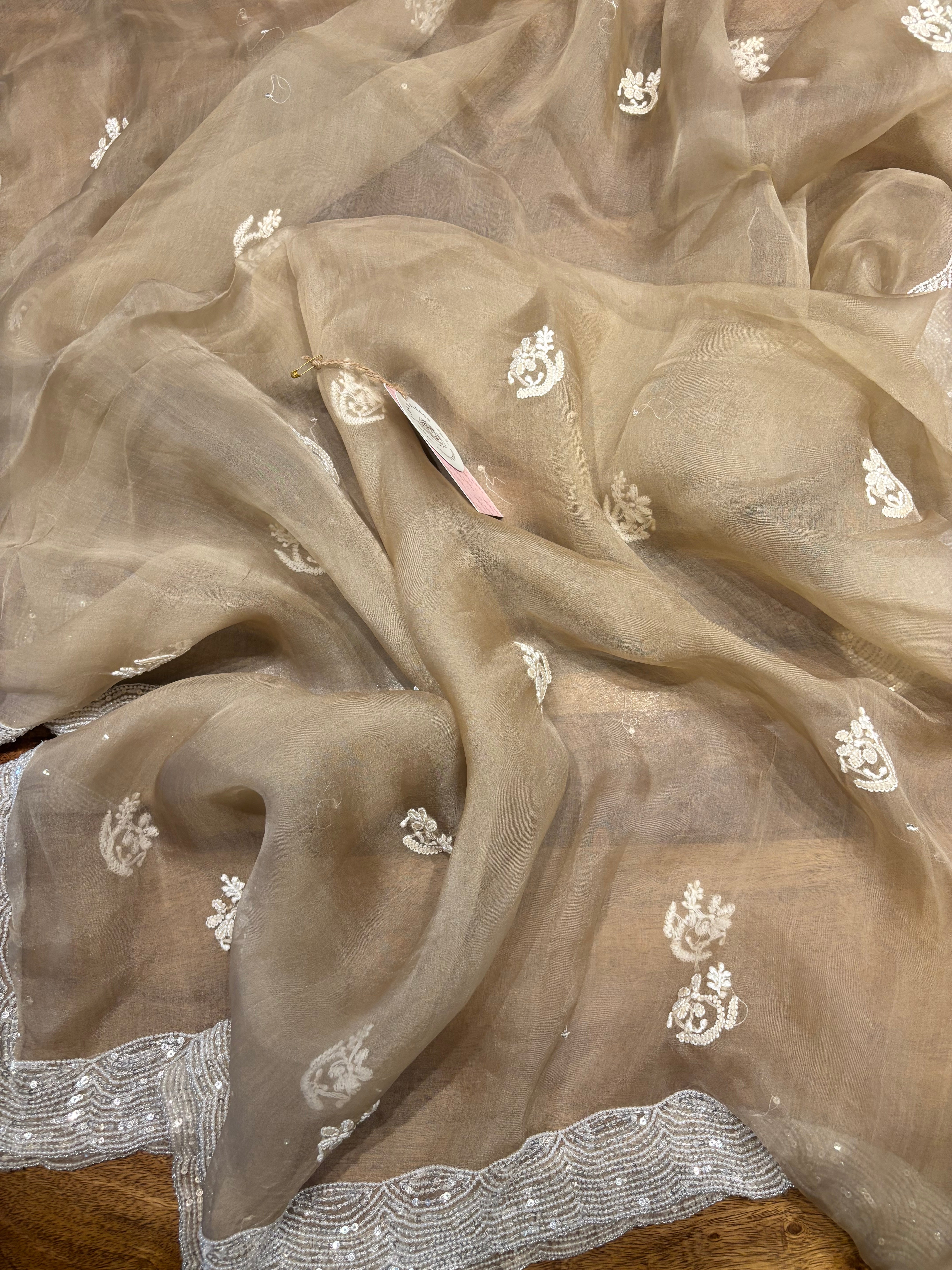 Brown Organza Silk Chikankari Kurta And Dupatta Set