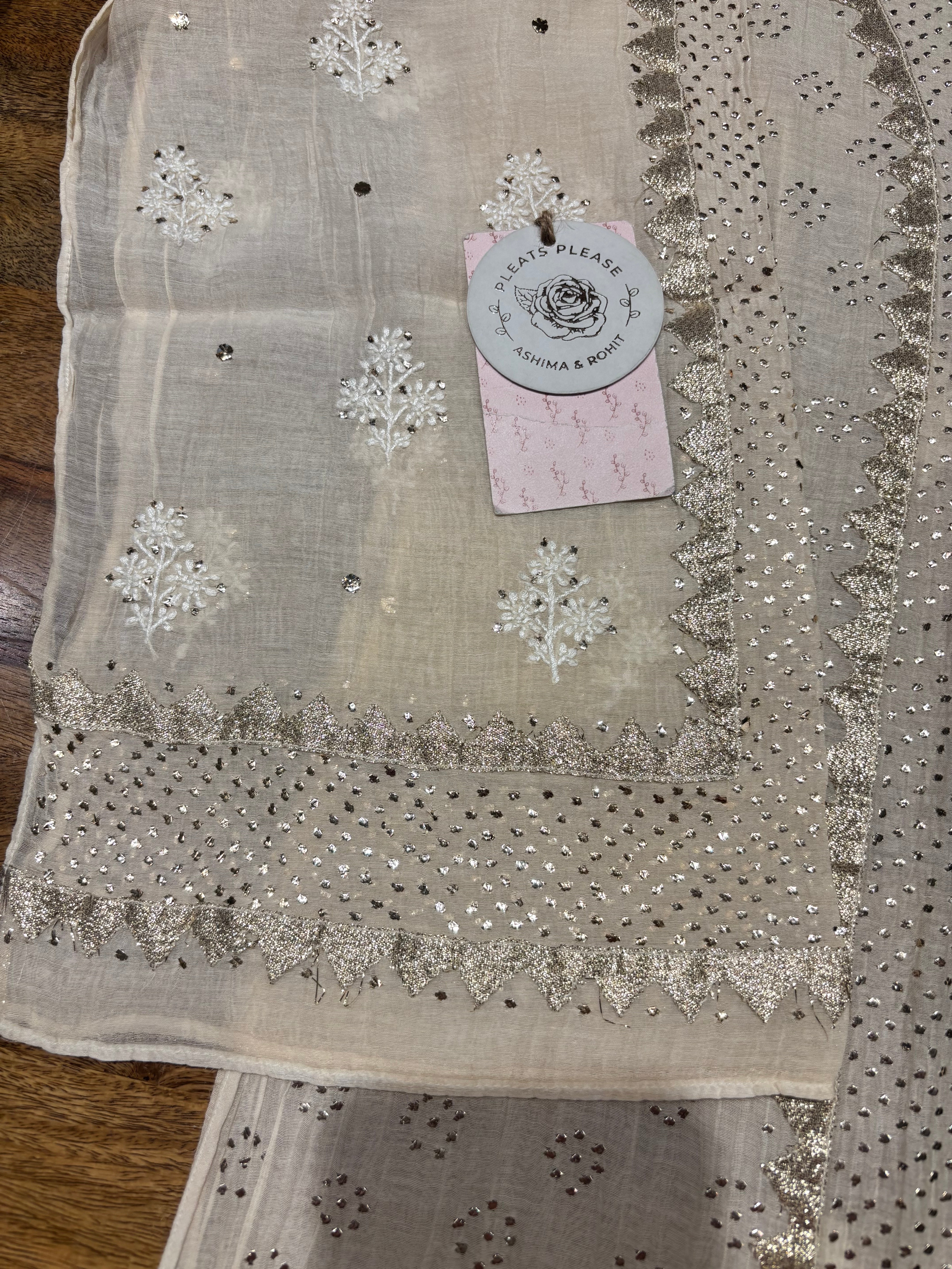 Off White Chanderi Mul Chikankari & Mukaish Kurta & Dupatta Set