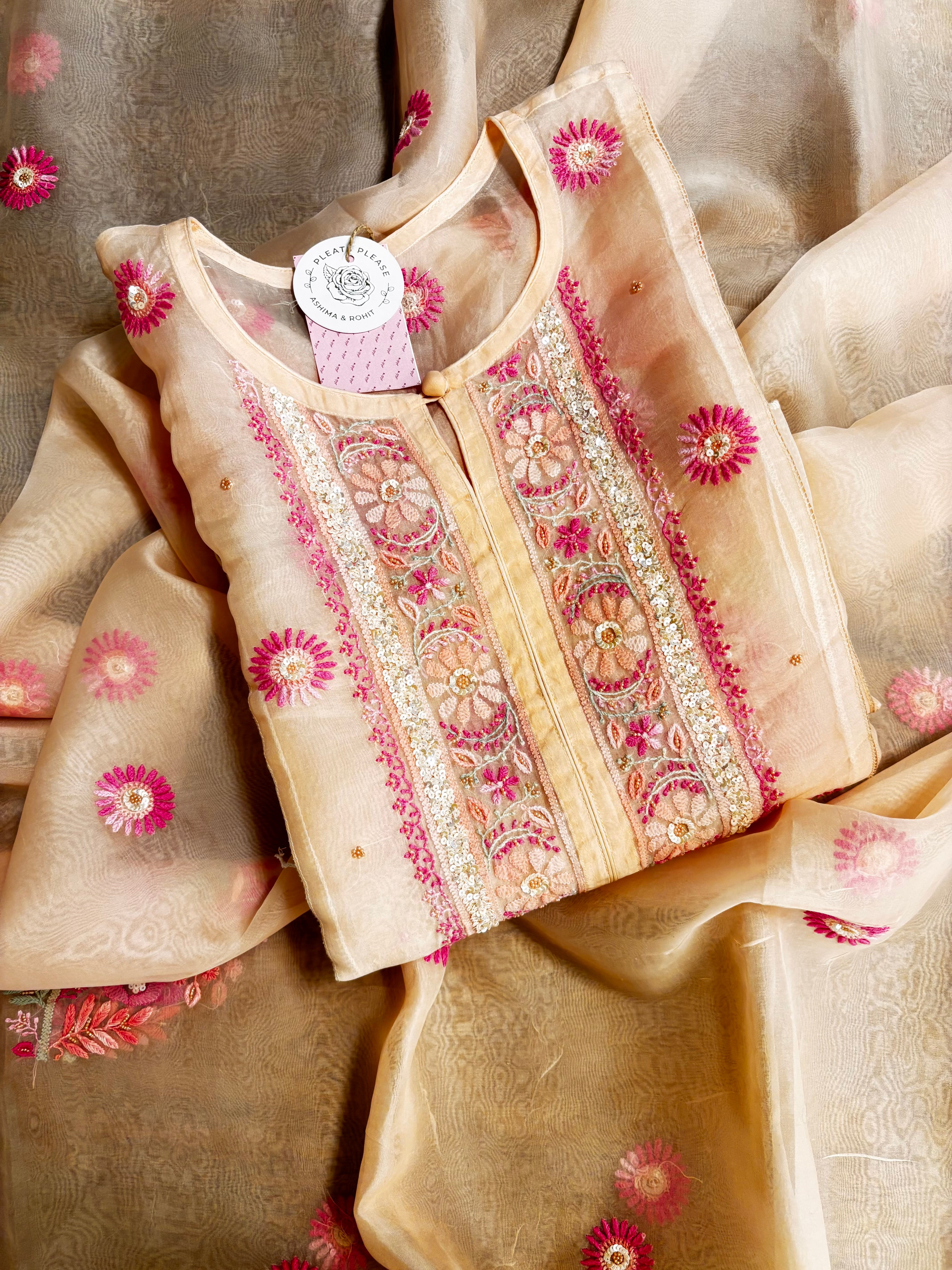 Pastle Peach Pure Organza Chikankari Kurta & Dupatta