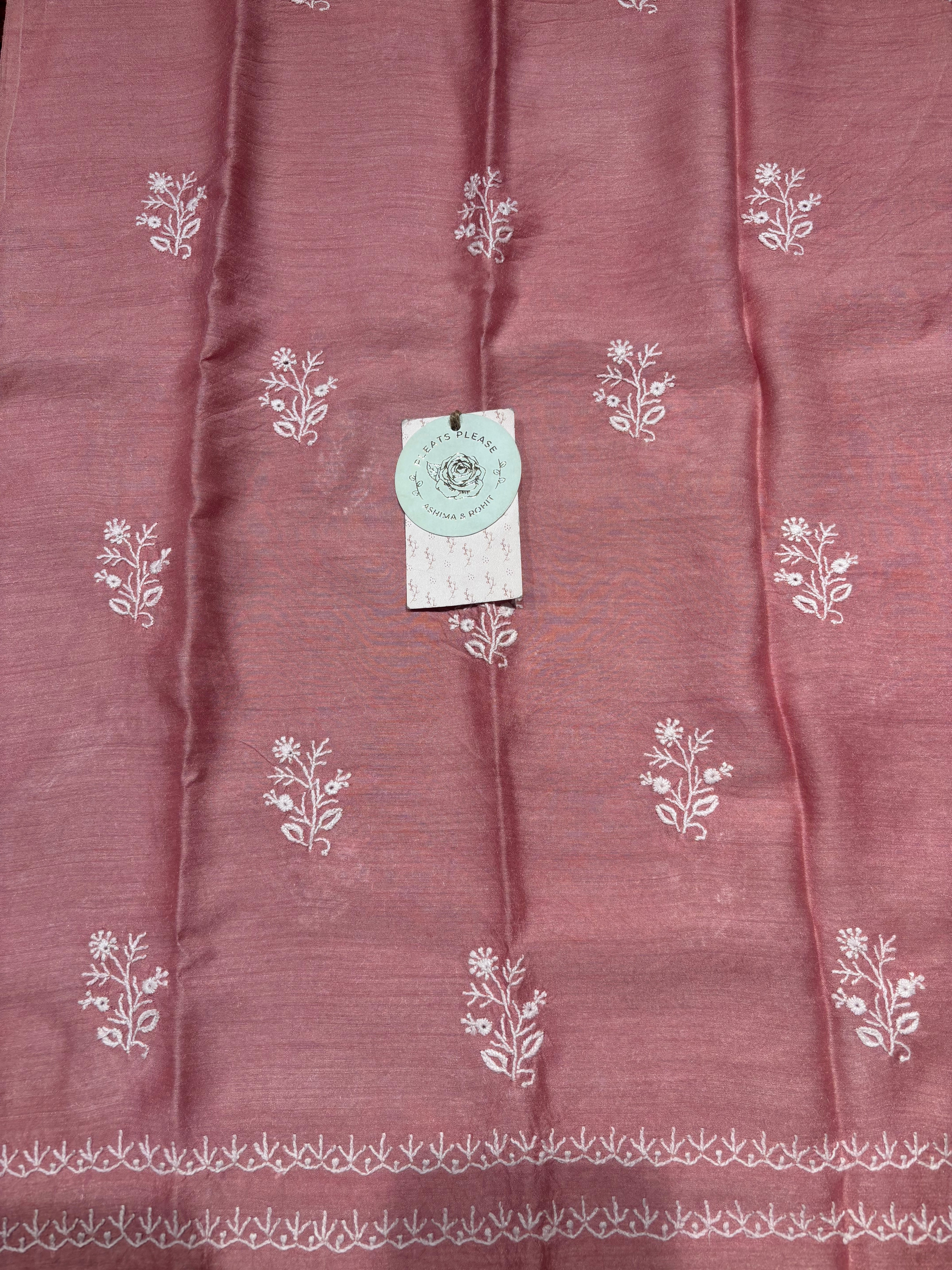 Flamingo Pink Ombre Pure & Premium Monga Silk Chikankari Kurta & Dupatta Fabric