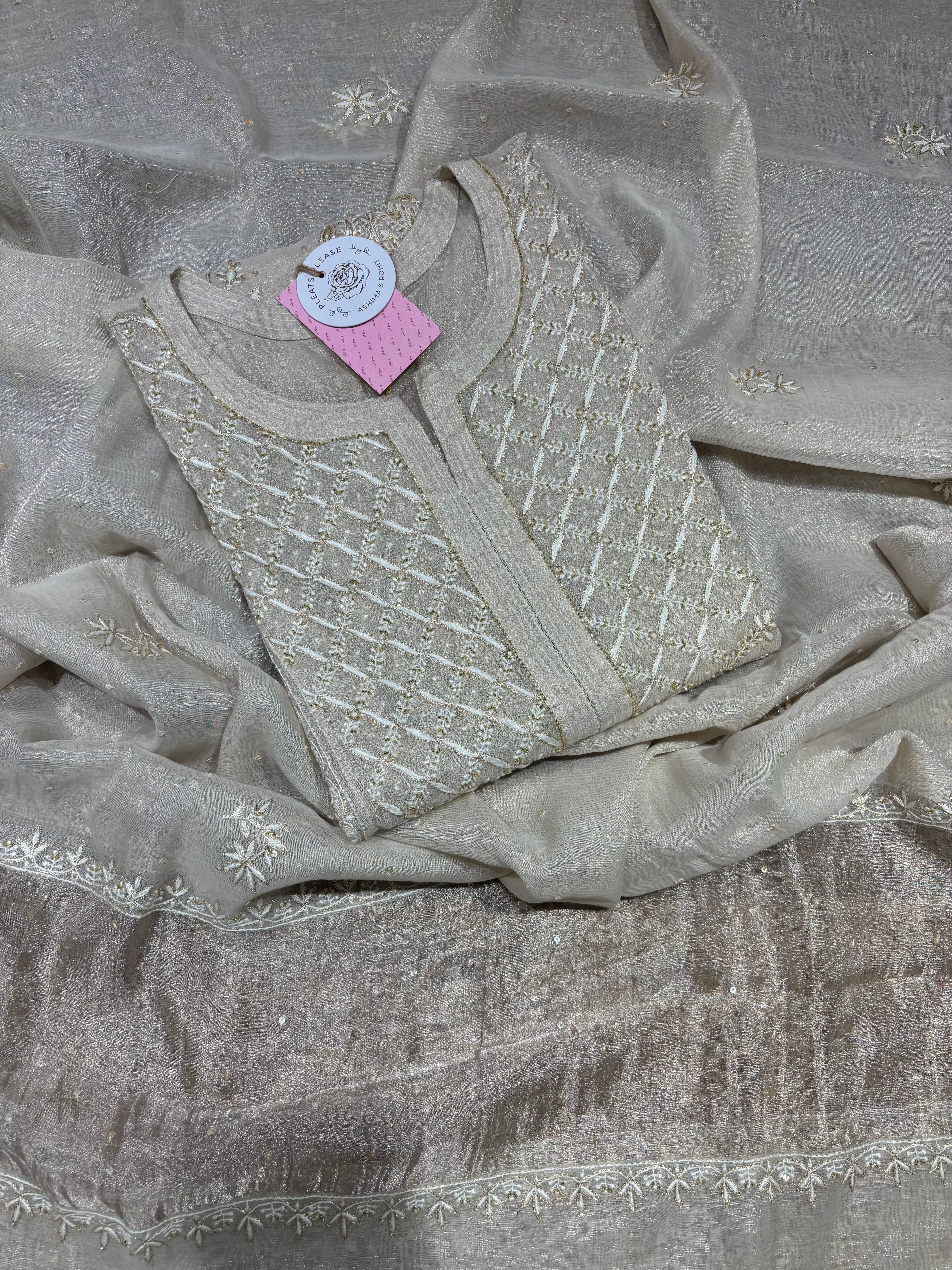 Dyeable Pure and Premium Silver Tissue Chikankari Kurta and Dupatta Set