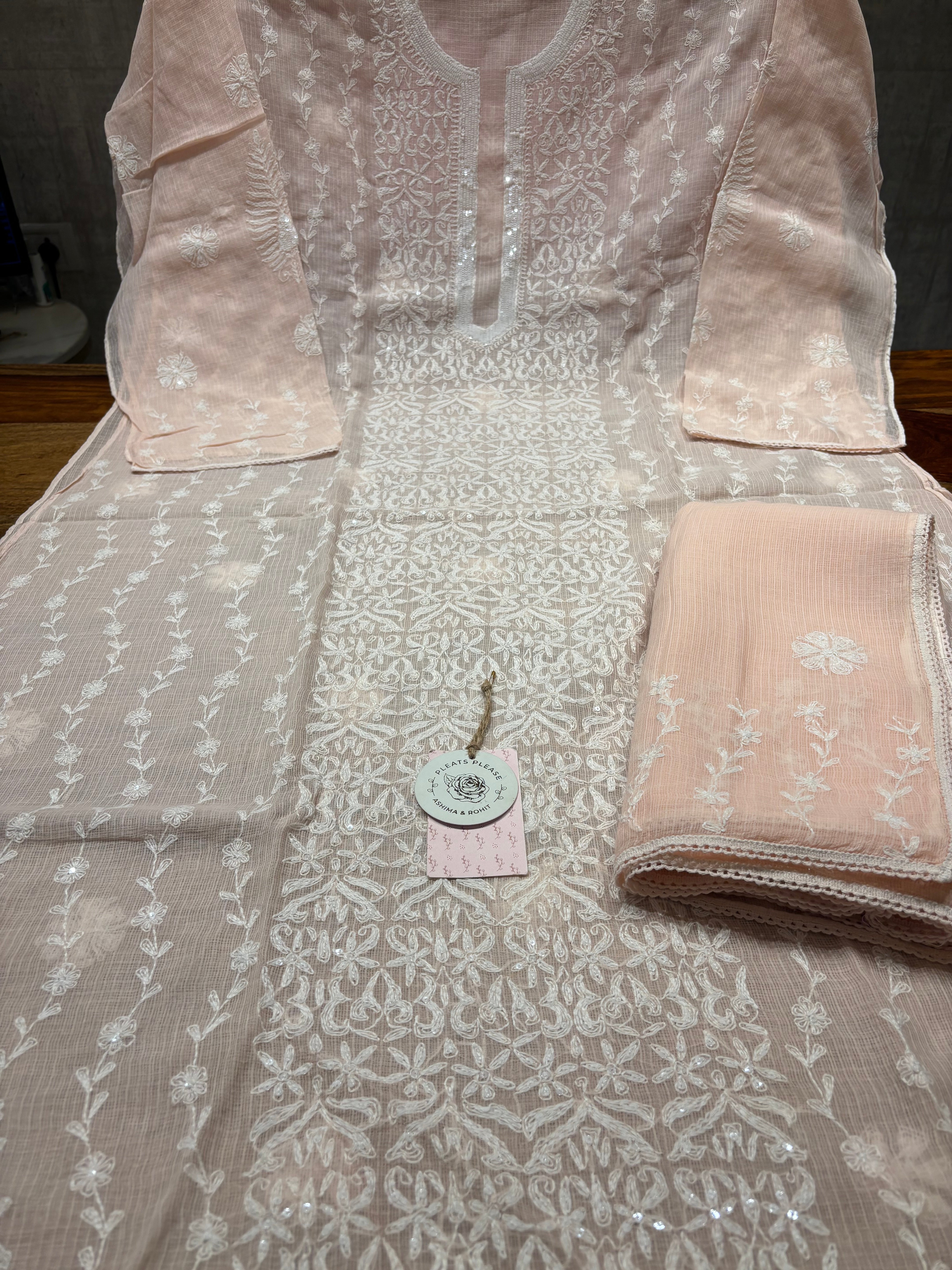 Blush Pink Kota Chikankari Kurta And Dupatta Set