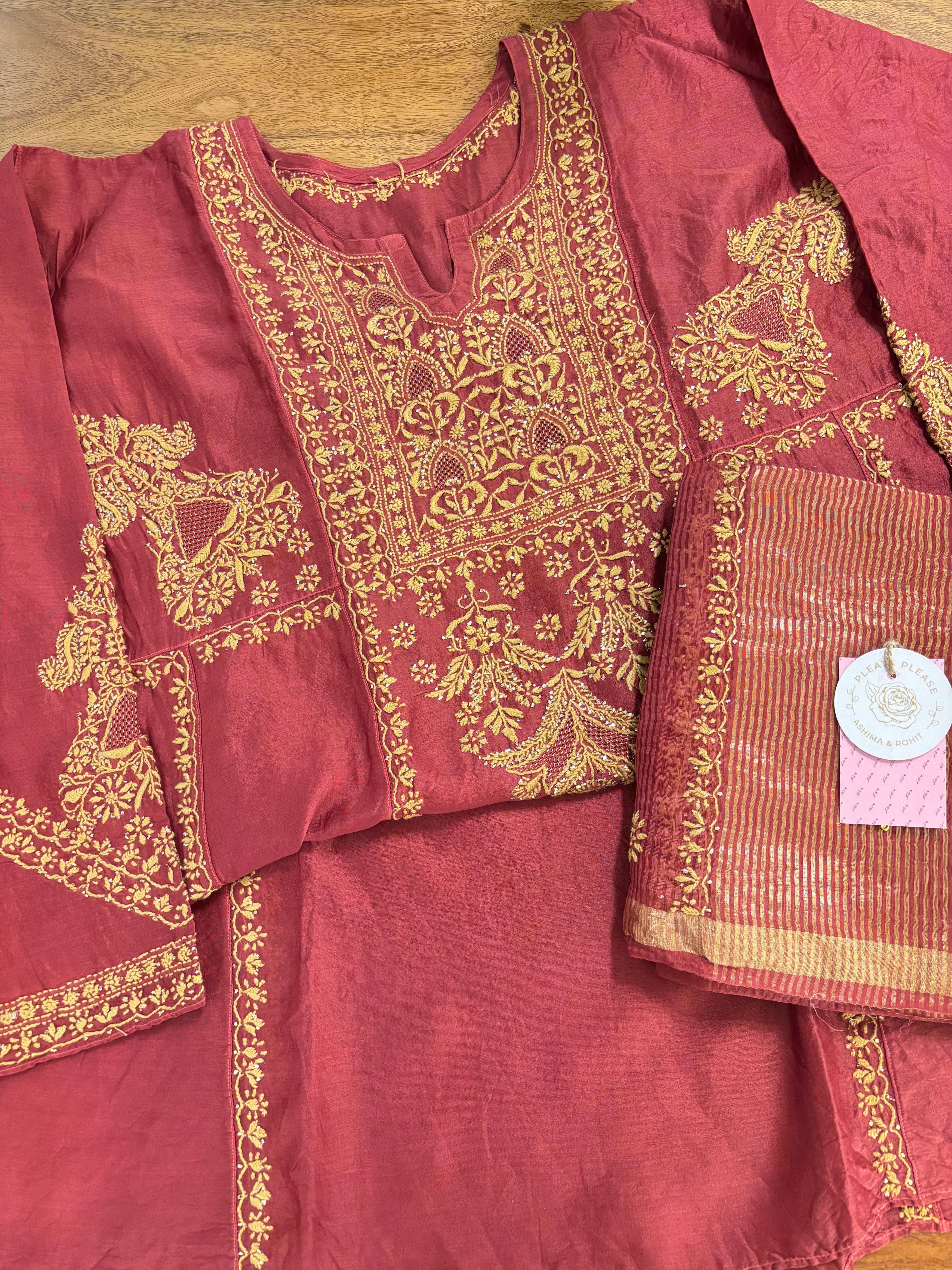 Maroon Chanderi Silk A-line Chikankari Mukaish Kurta & Dupatta Set