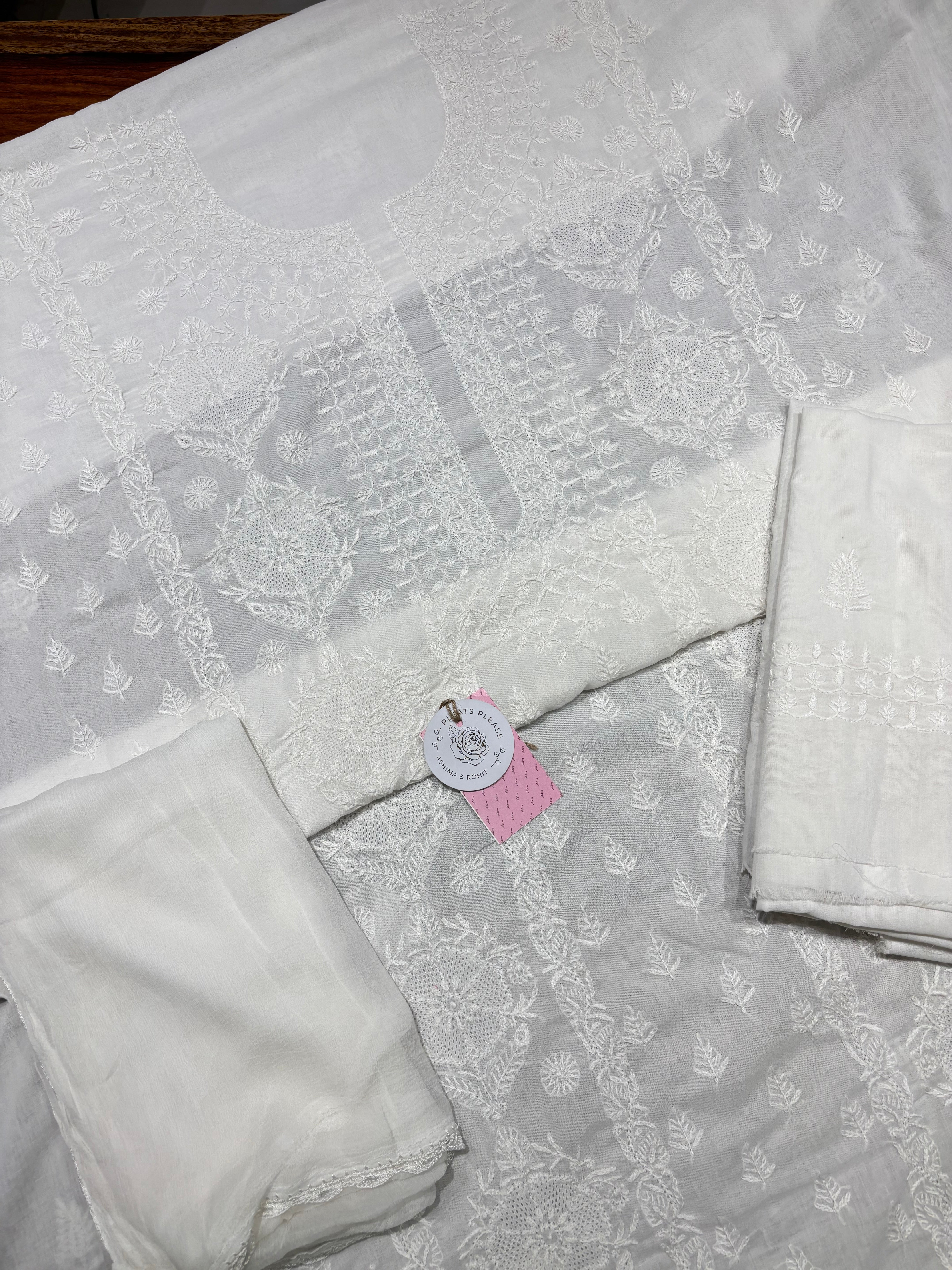 Dyeable Mulmul Chikankari Kurta, Dupatta & Bottom Fabric