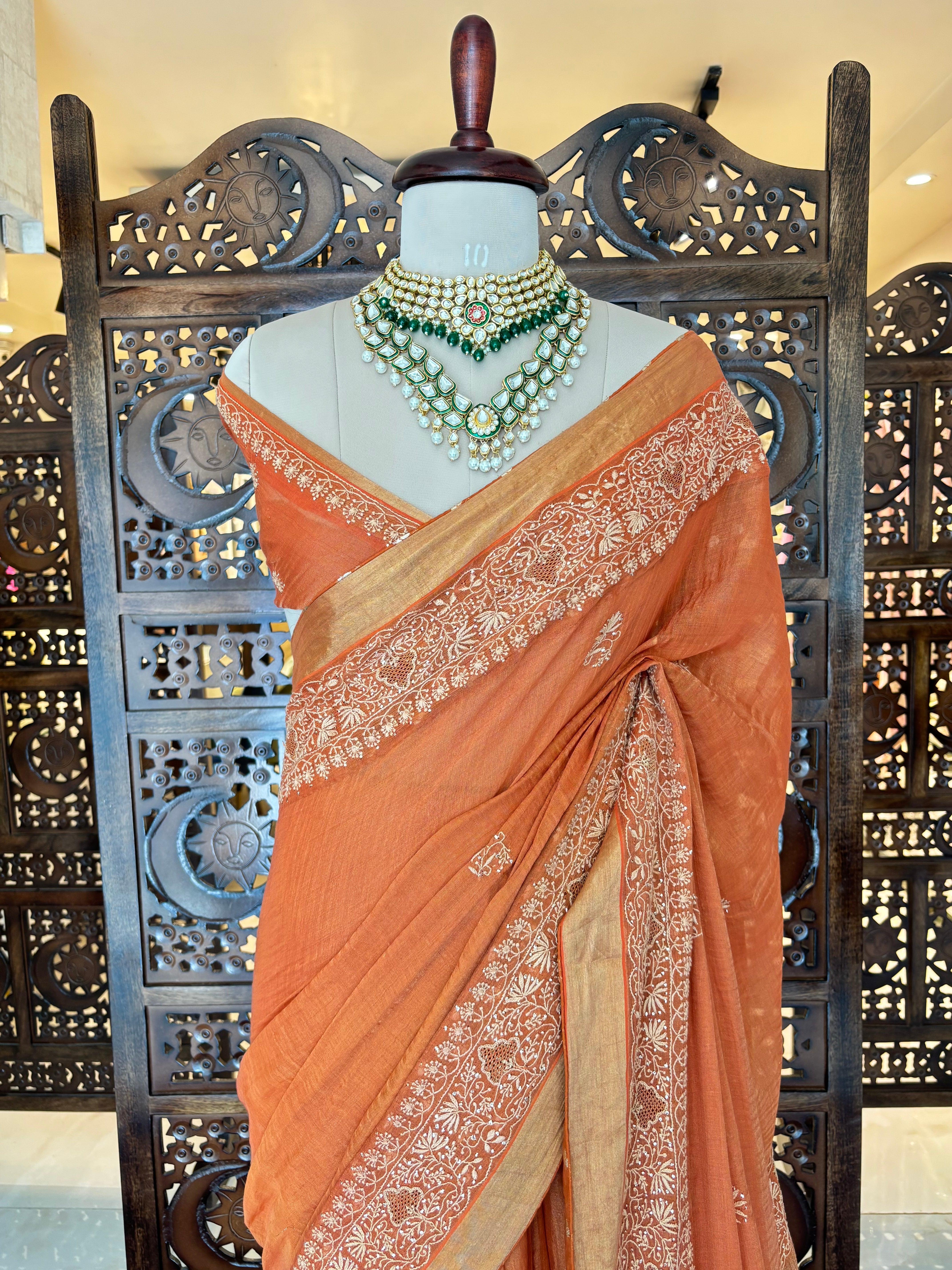 Burnt Orange Tissue Mukaish Chikankari Saree - Elegance Redefined - Pleats PleaseChikankari