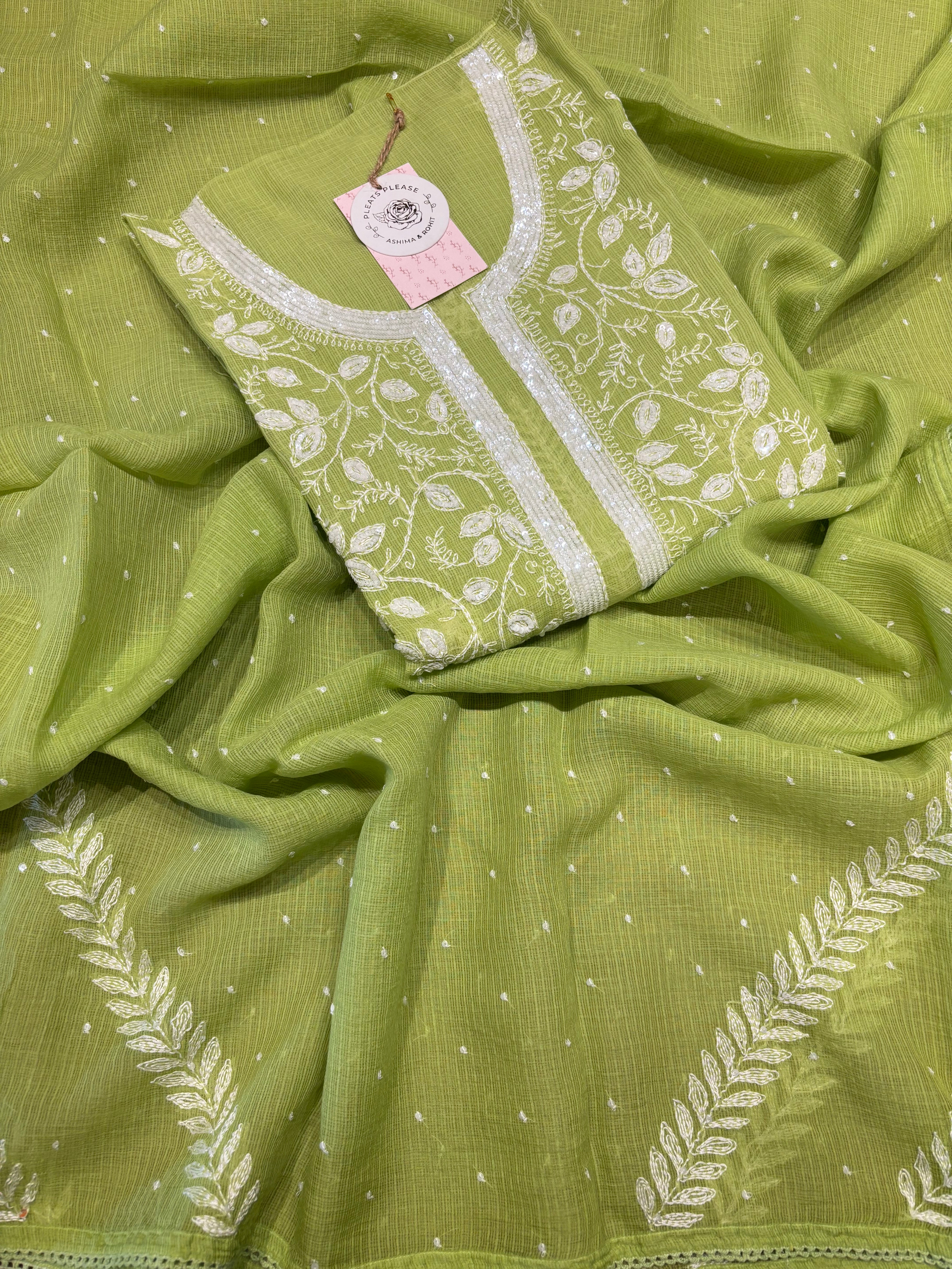 Parrot Green Kota Doria Chikankari Kurta And Dupatta Set