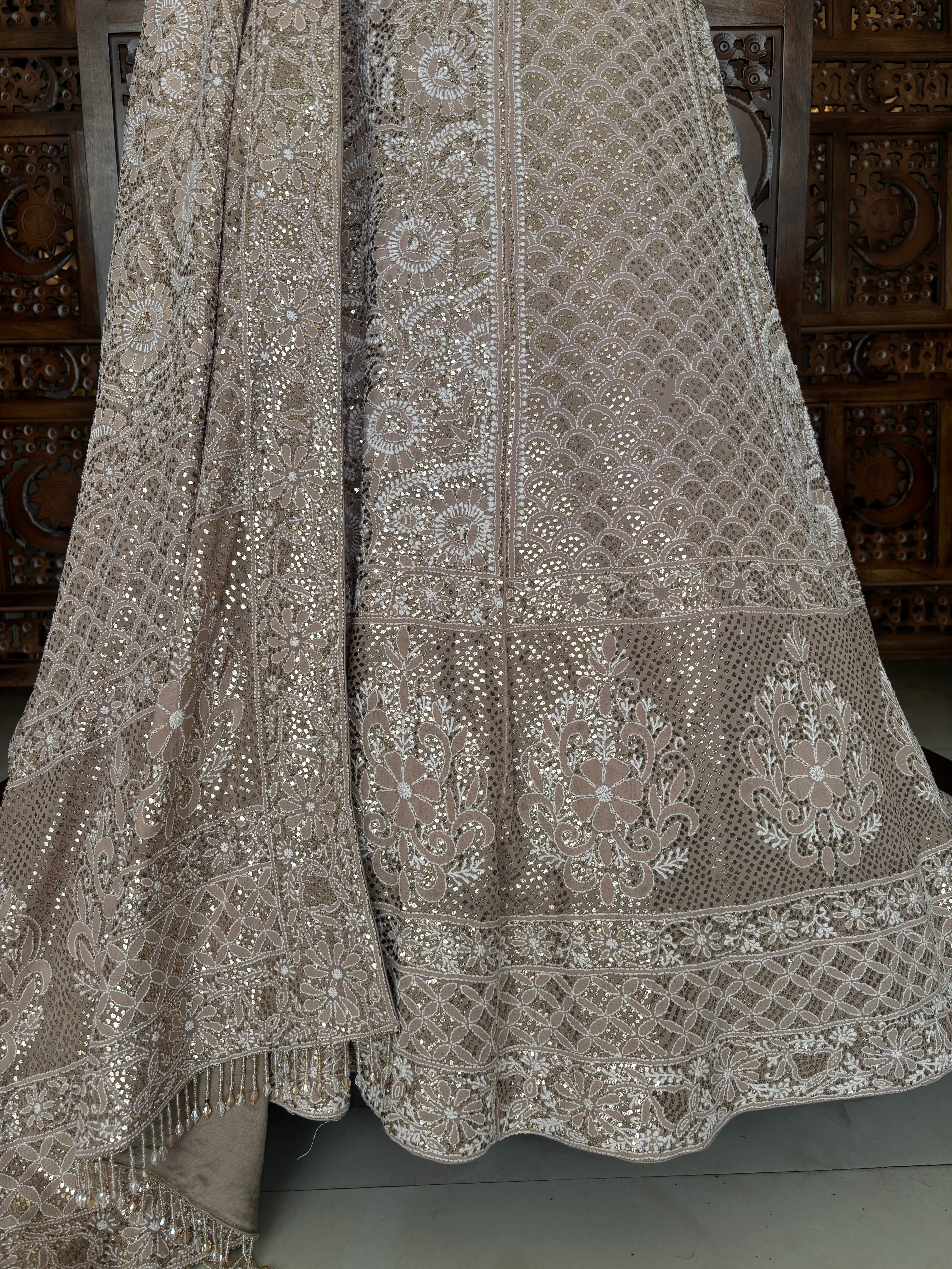 Champagne Beige Pure & Premium Georgette Chikankari Mukaish Lehenga & Dupatta Set