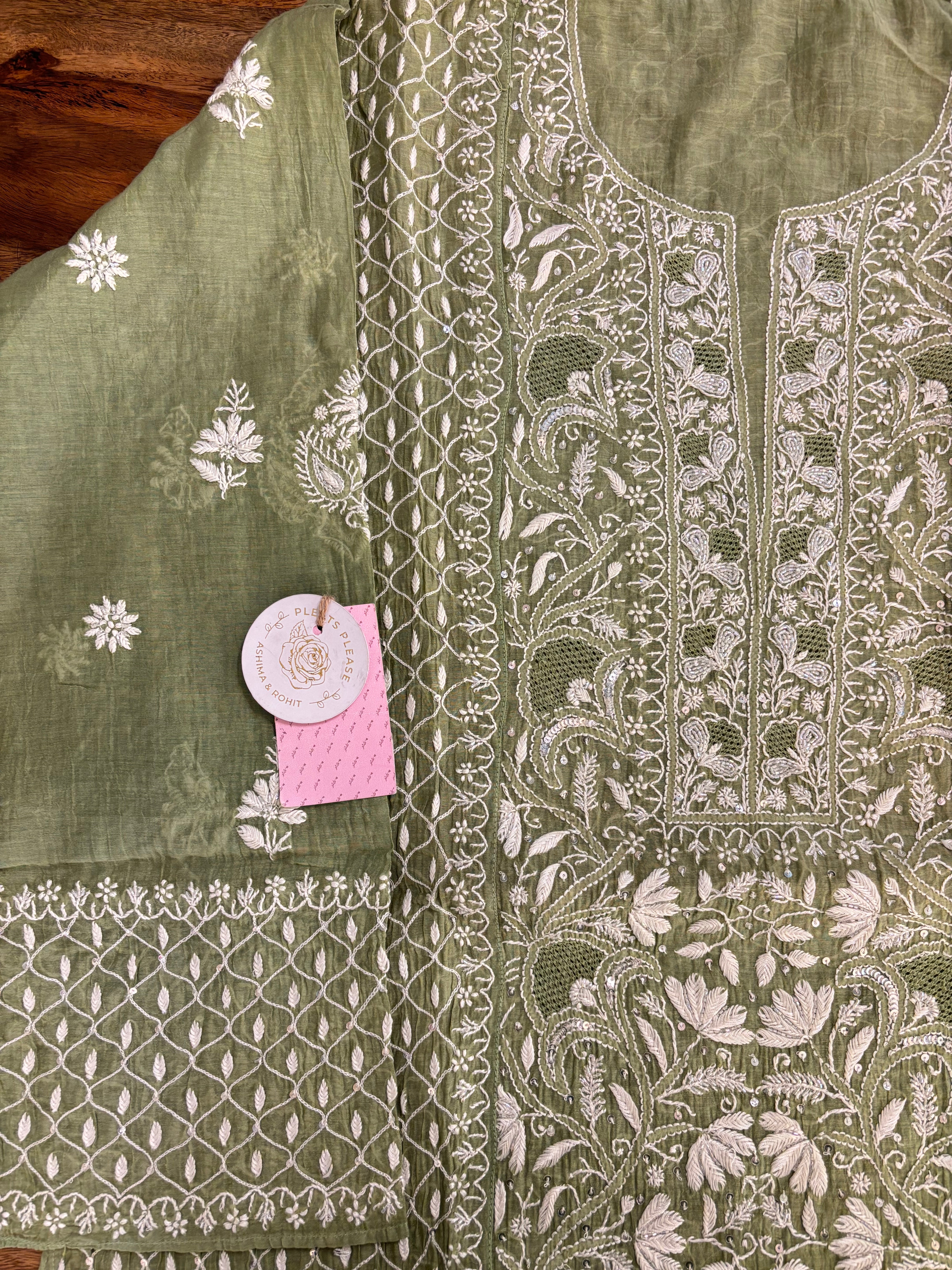Green Chanderi Chikankari Kurta & Dupatta