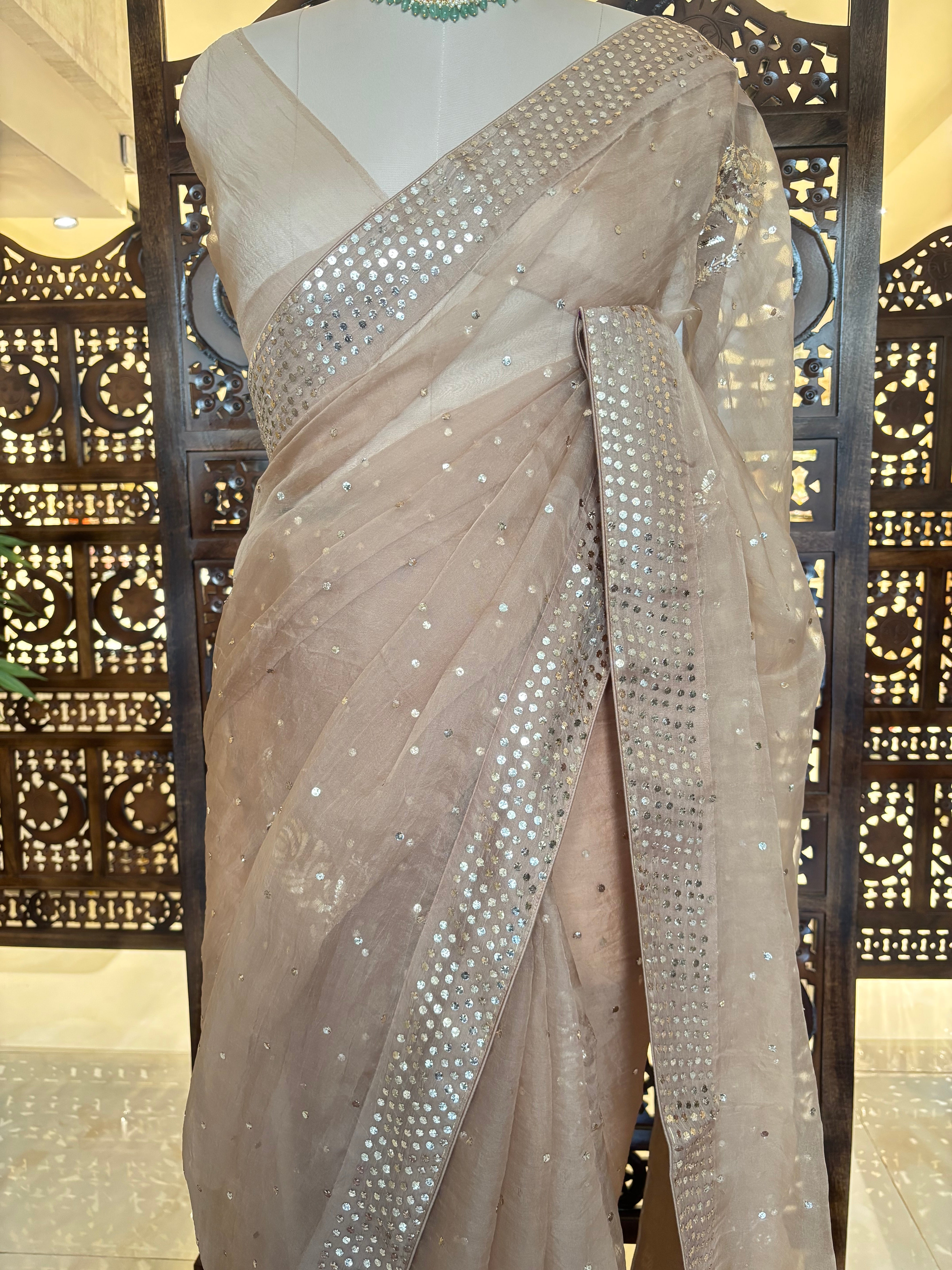 Nude Beige Pure Organza Mukaish Saree