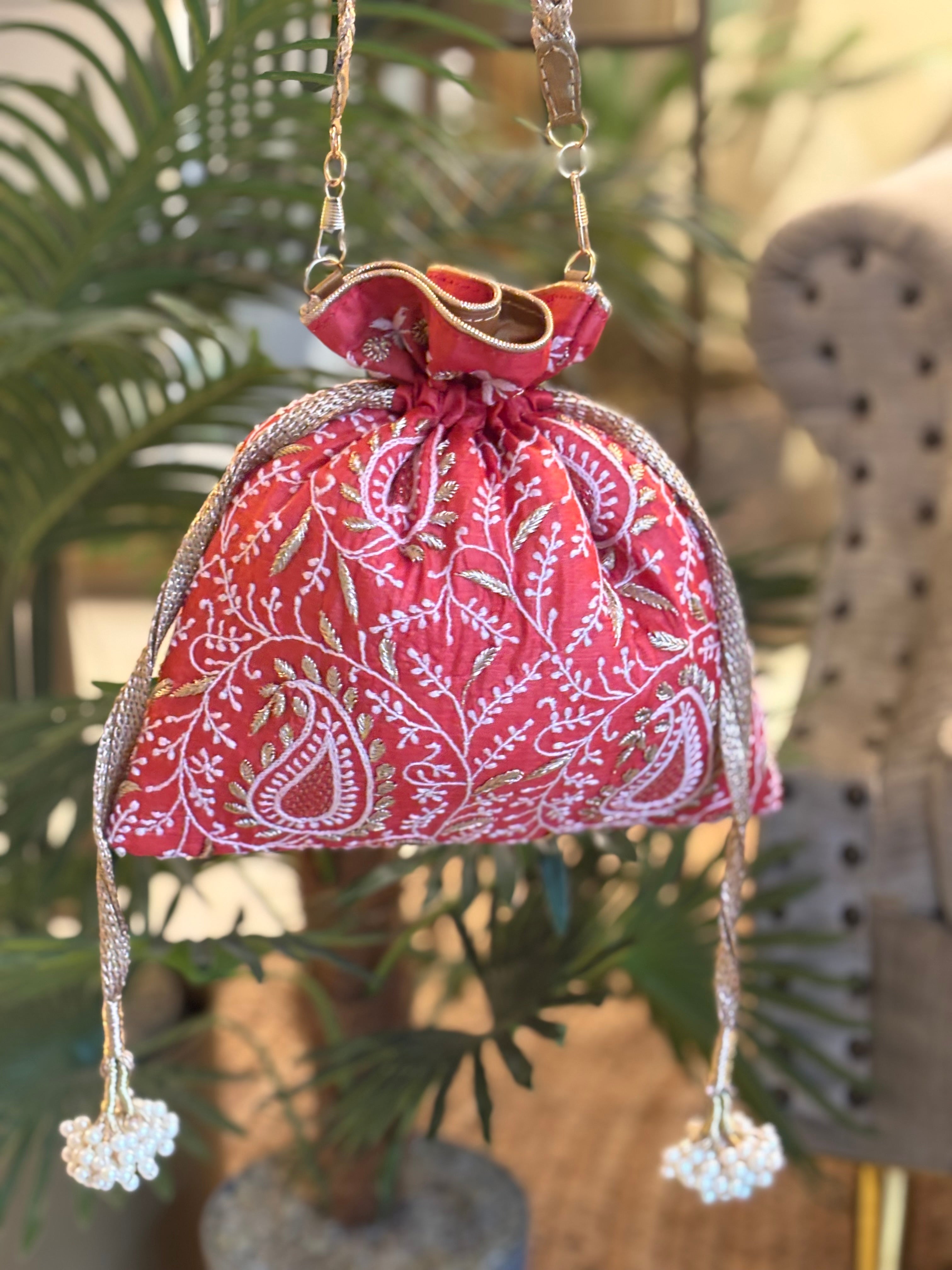 Red Silk Chikankari Potli