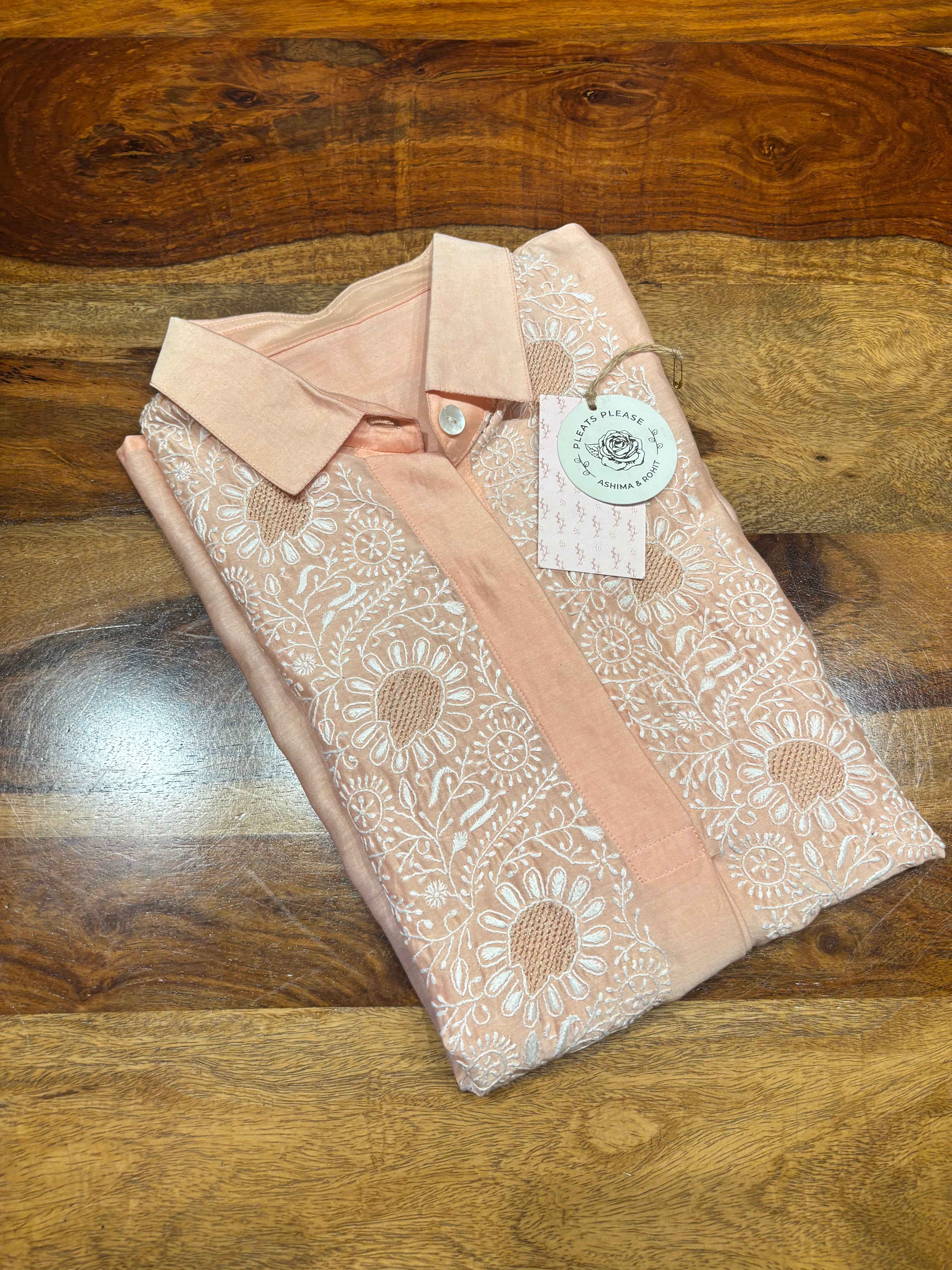 Peach Chanderi Silk Chikankari Shirt - Pleats PleaseChikankari