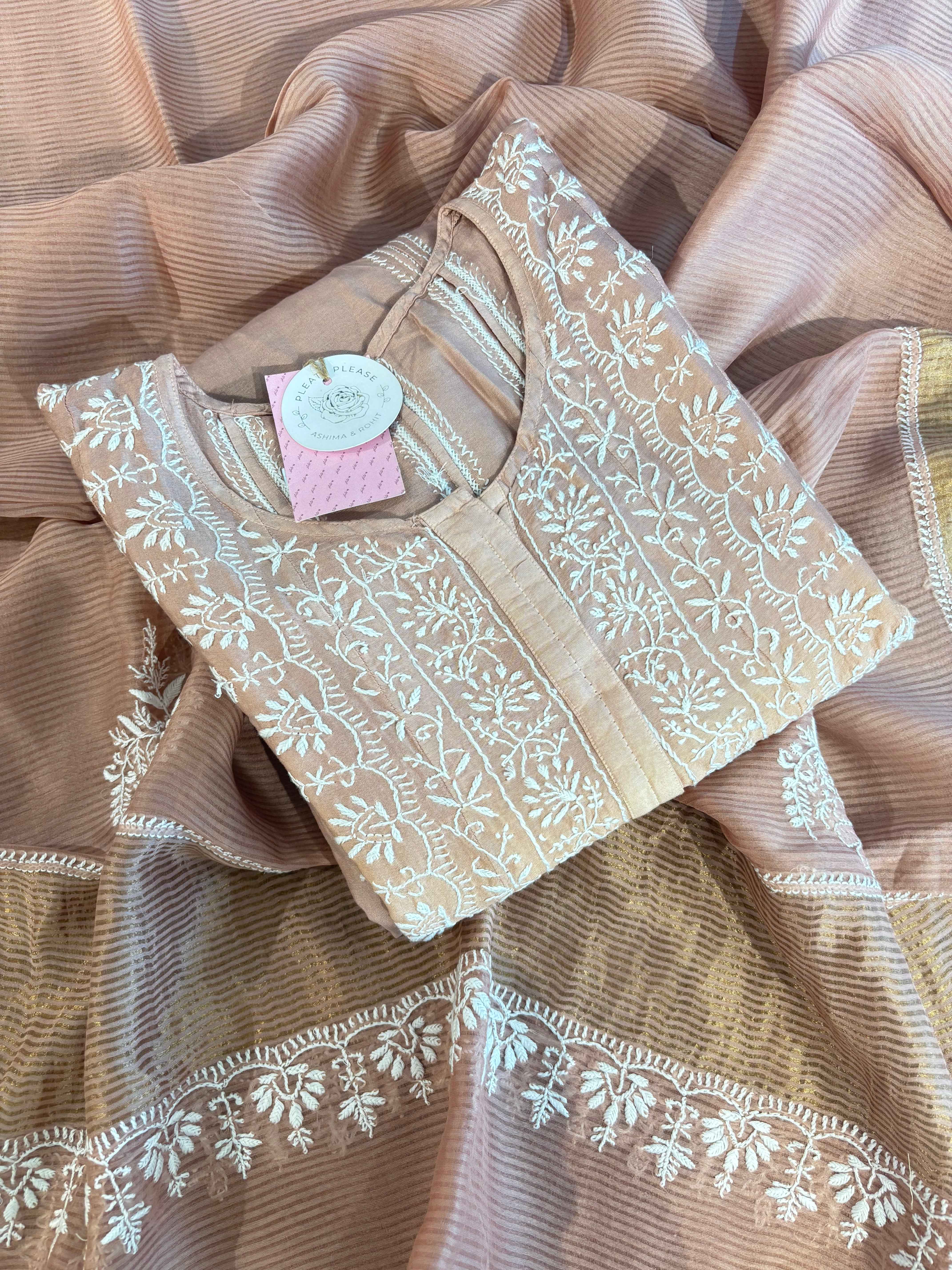 Dusty Peach Chanderi Chikankari Anarkali & Dupatta Set