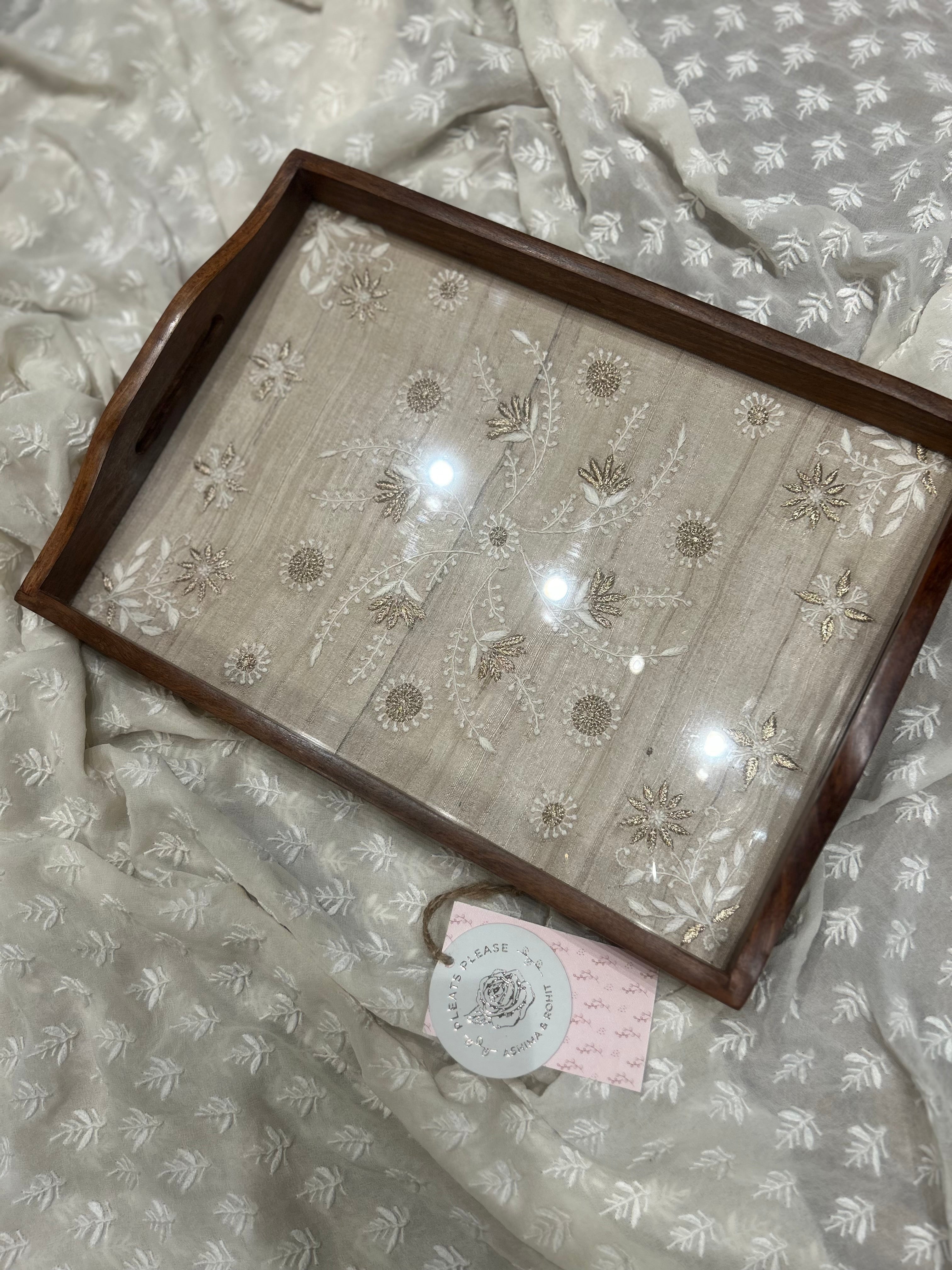 Fawn Silk Rectangle Chikankari Wooden Tray