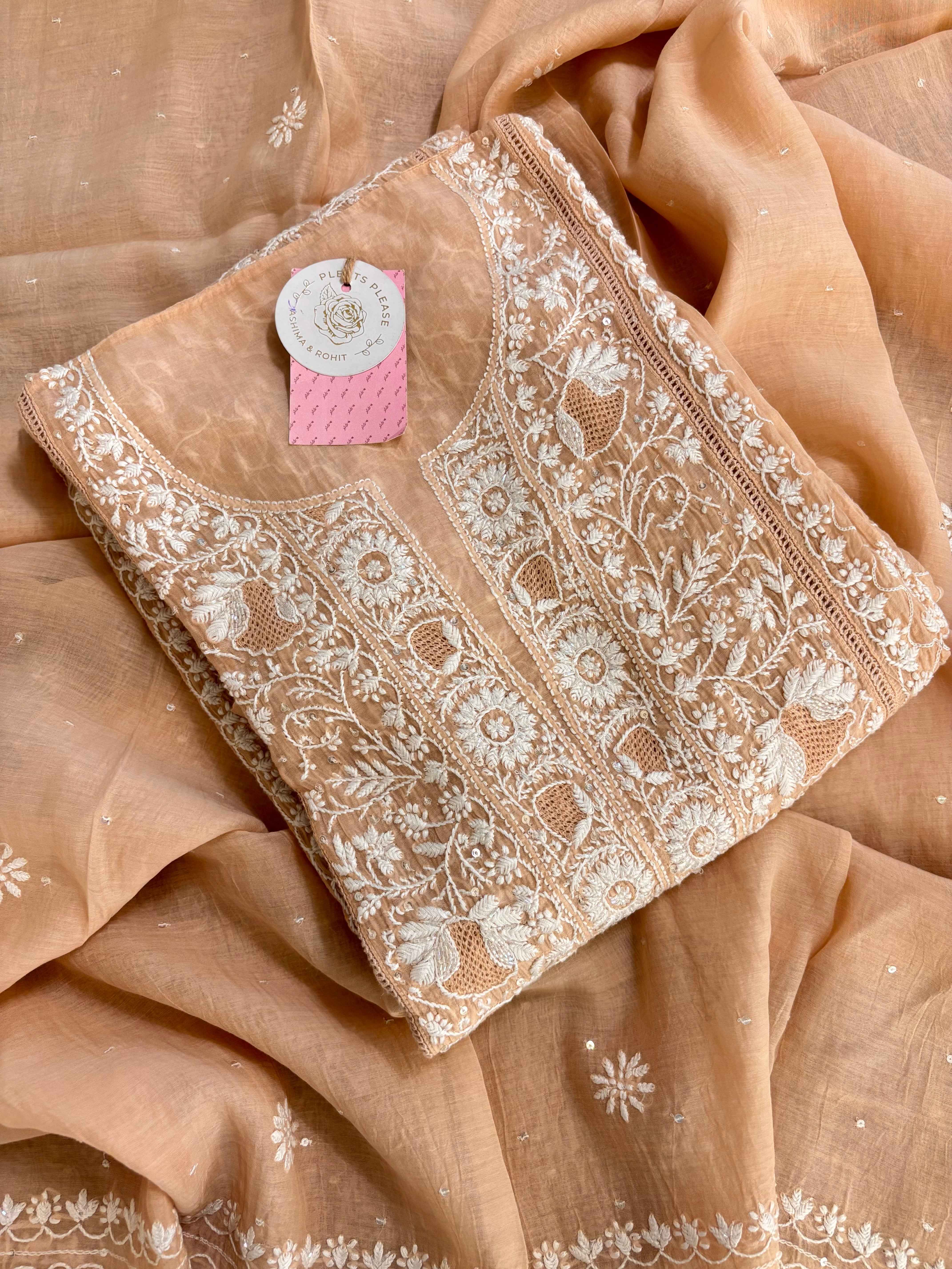 Peach Chanderi Chikankari Kurta & Dupatta