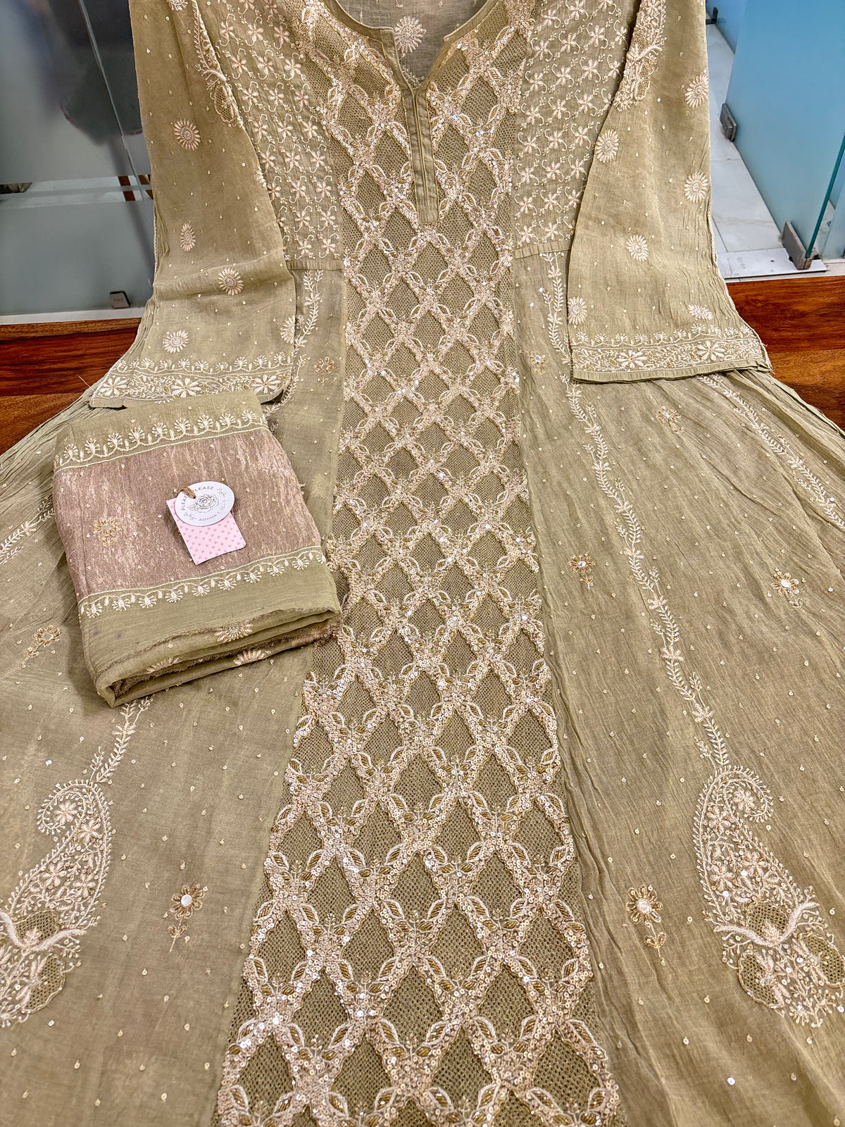 Pistachio Green Pure & Premium Tissue Jaal Chikankari Anarkali & Dupatta