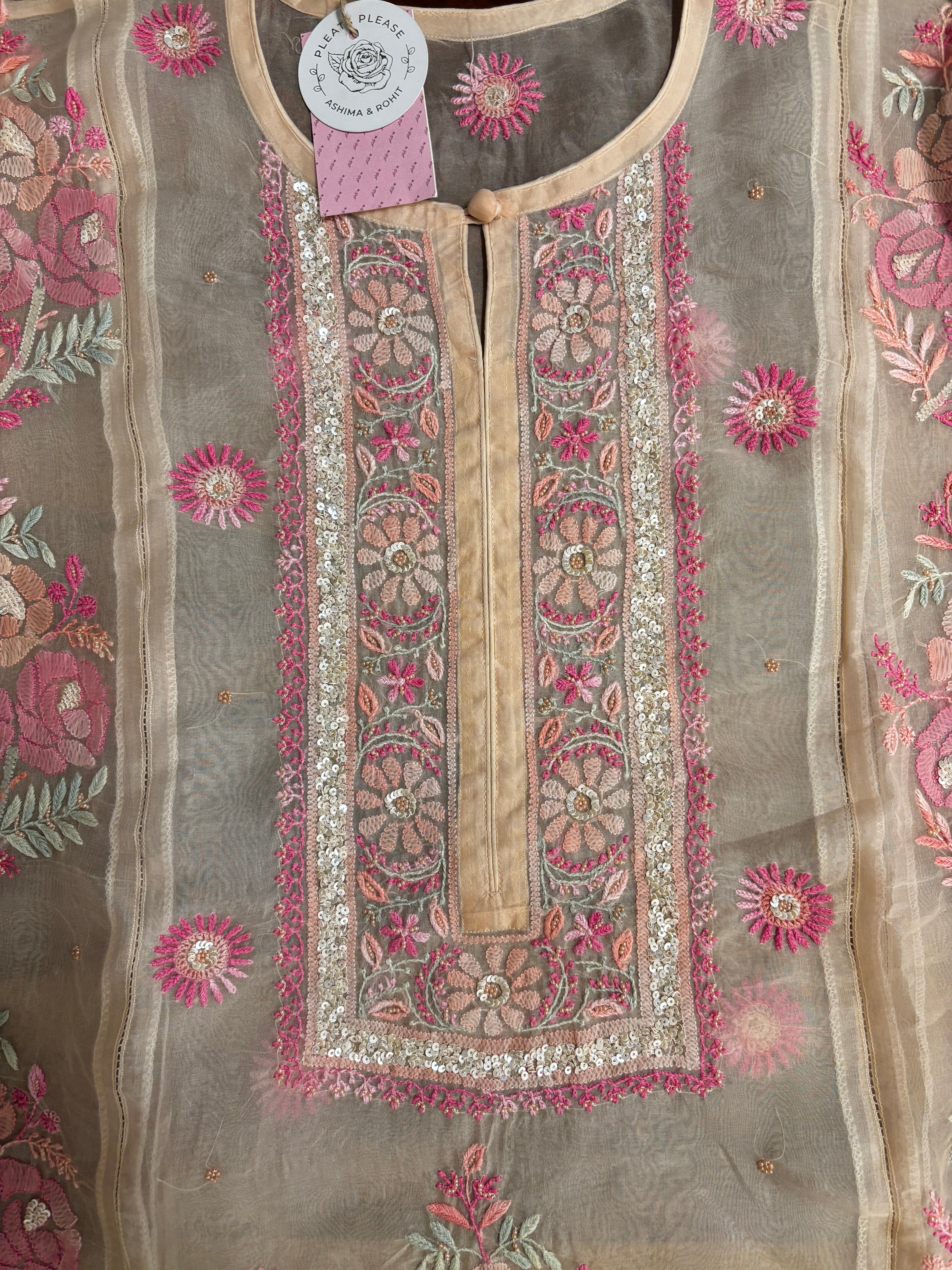 Pastle Peach Pure Organza Chikankari Kurta & Dupatta
