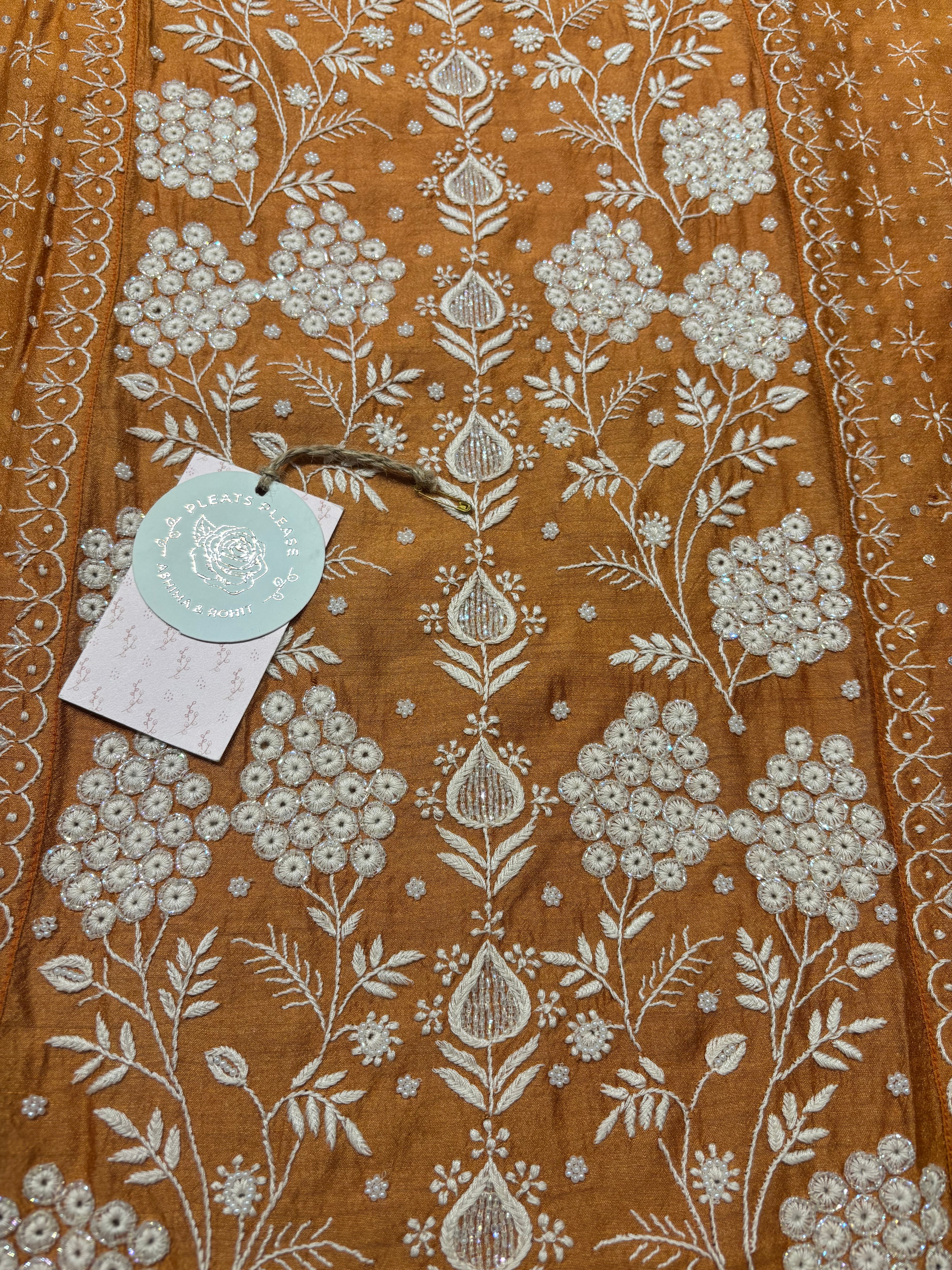 Burnt Orange Pure Monga Silk Chikankari Kurta and Dupatta