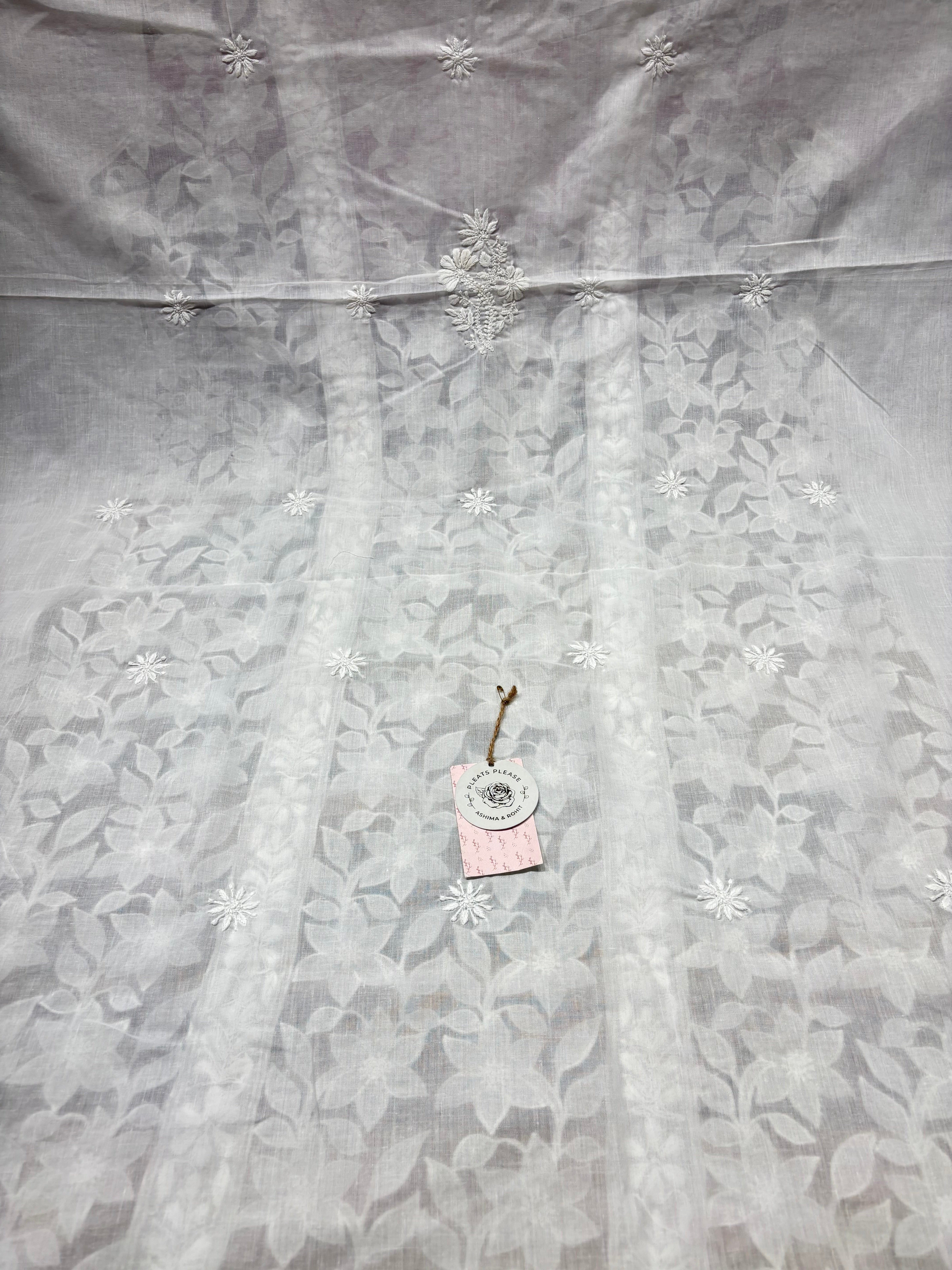 White Mulmul Soft Net Chikankari Applique Kurta And Dupatta Fabric