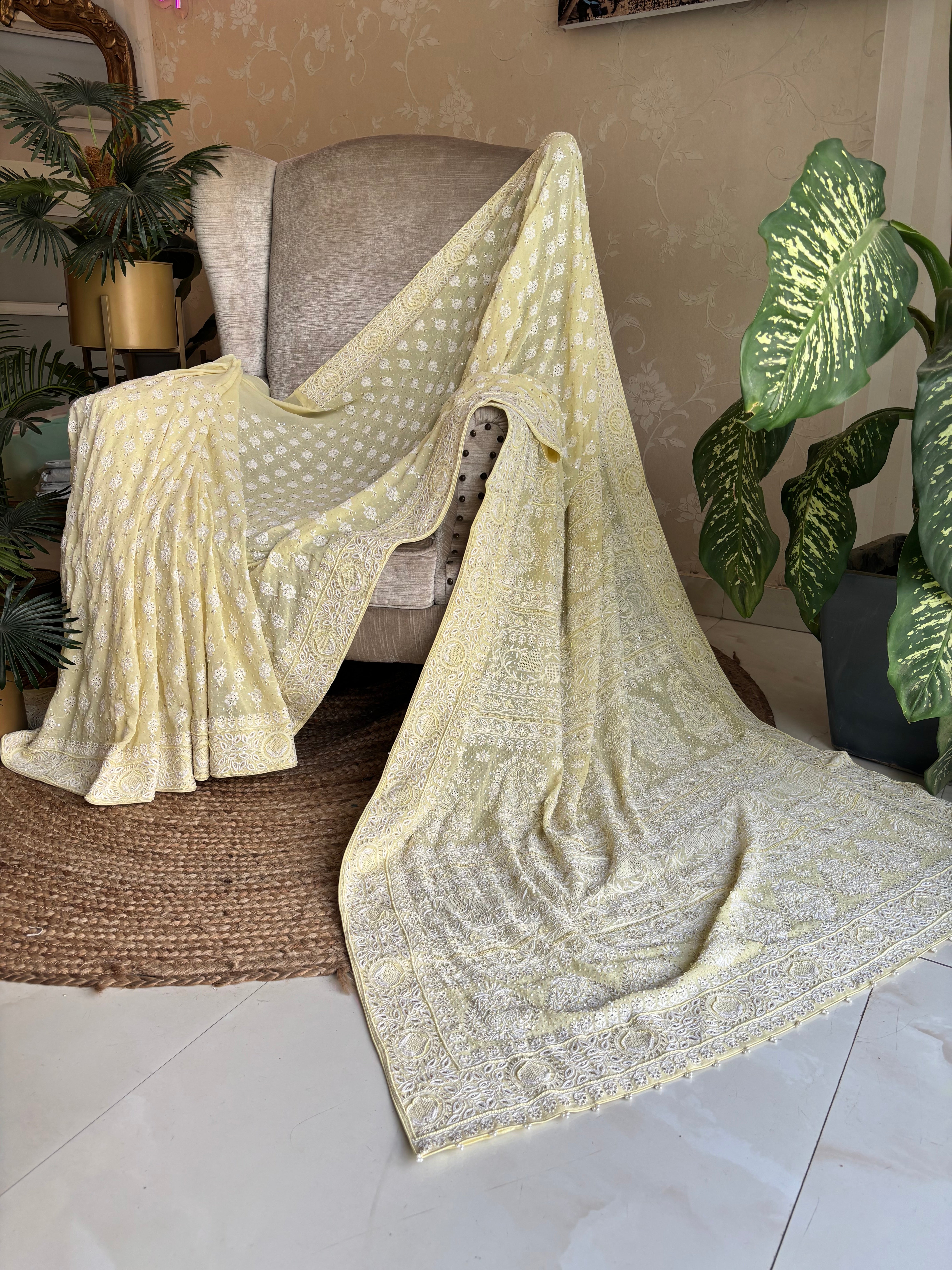 Lime Yellow Pure Georgette Chikankari saree and Blouse