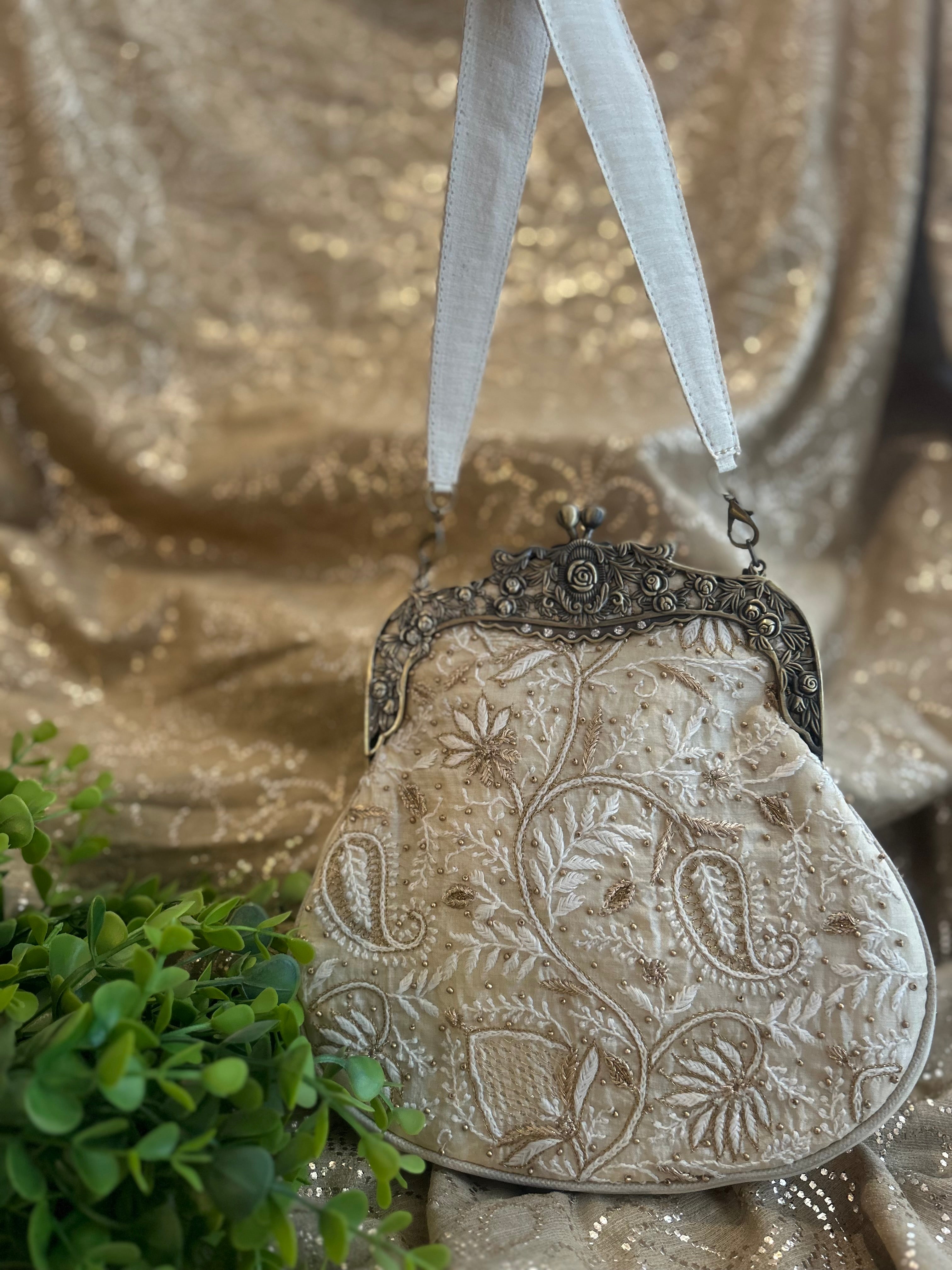 Ivory Chikankari Clutch Bag