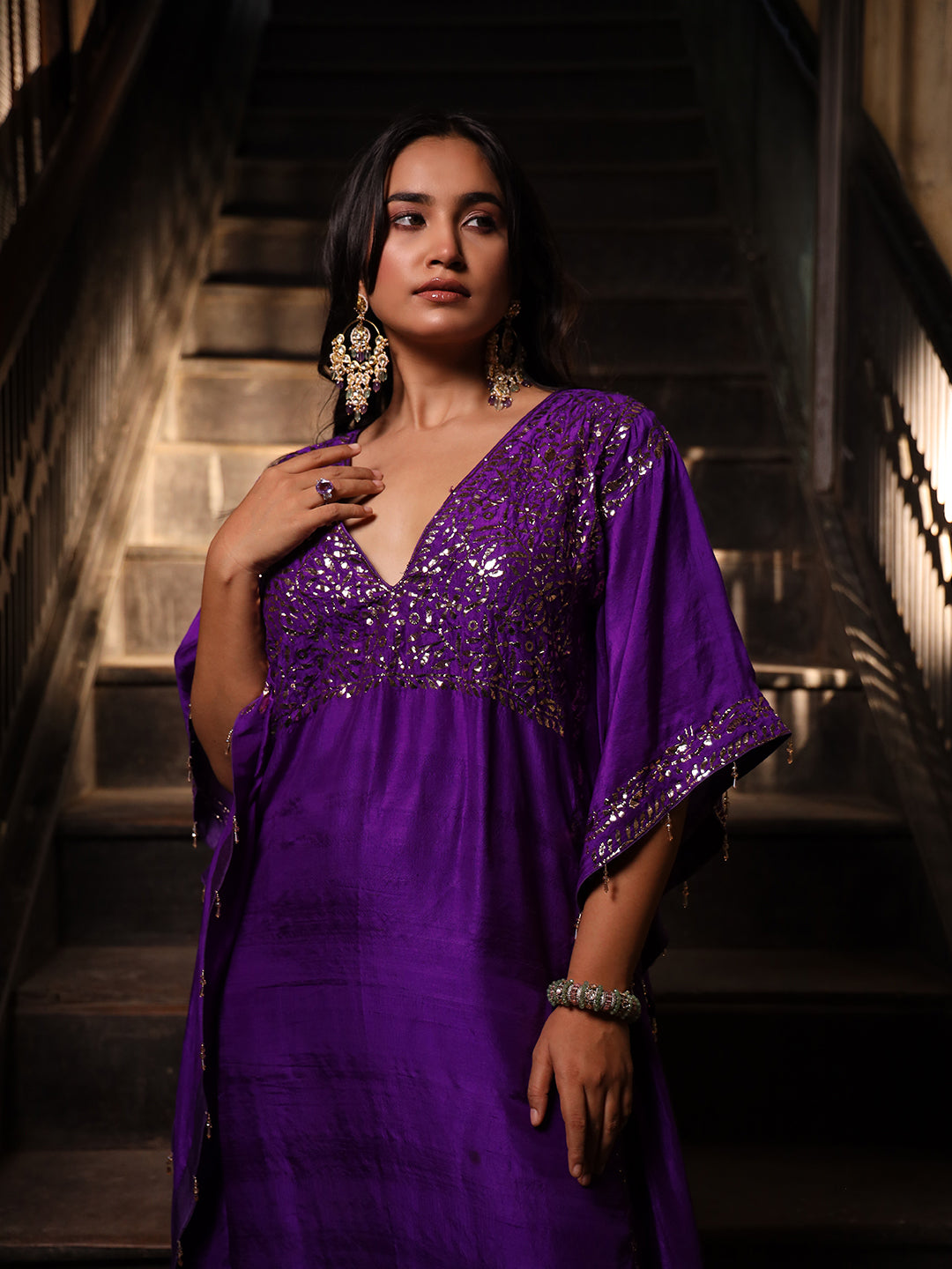 Purple Pure & Premium Silk Mukaish Kaftan Dress