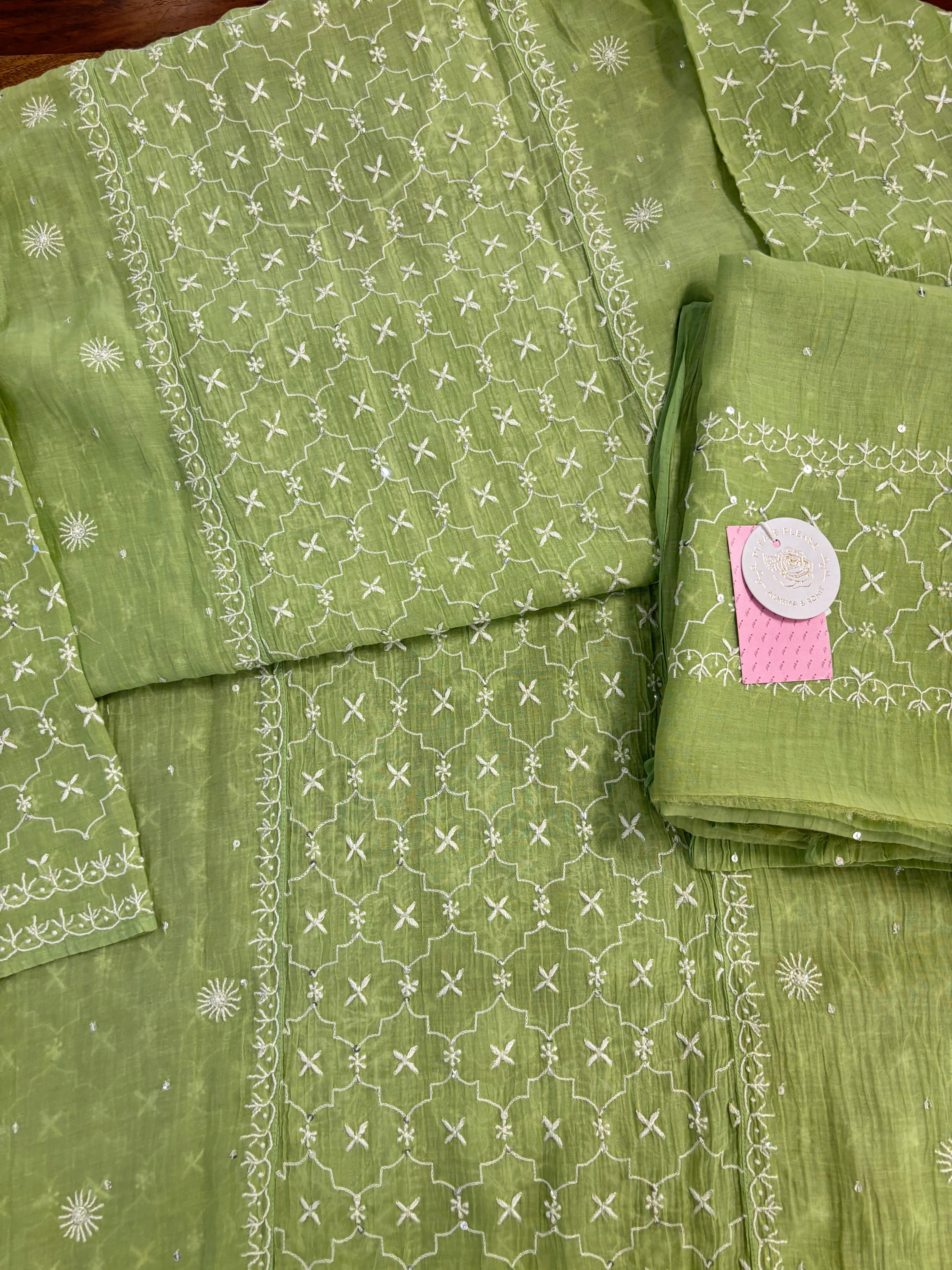 Green Chanderi Chikankari Kurta & Dupatta