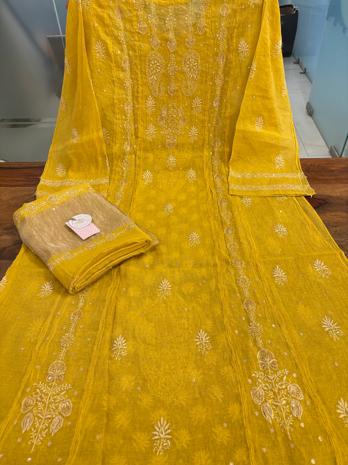 Mustard Yellow Pure & Premium Tissue Chikankari Kurta & Dupatta