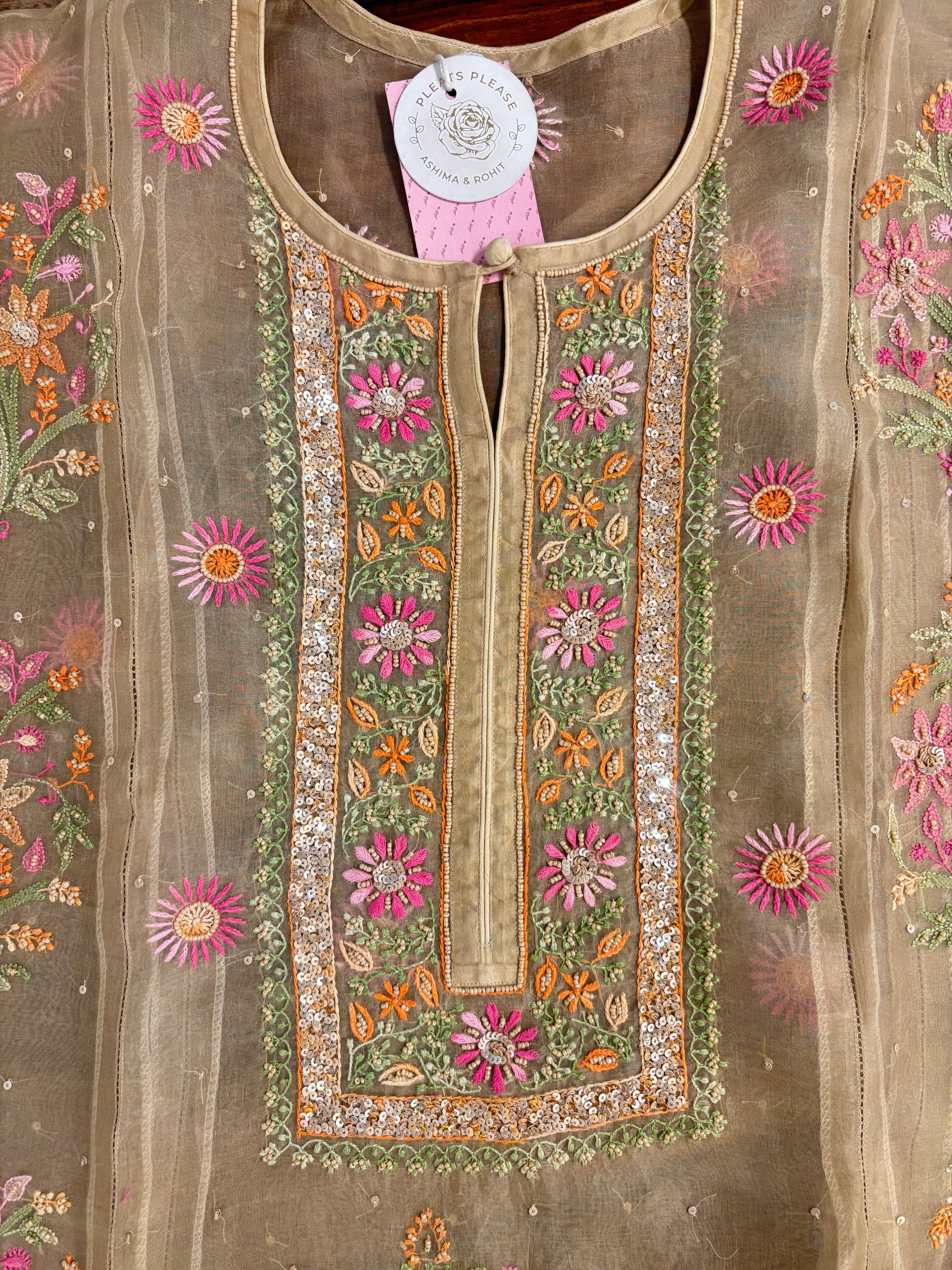 Muddy Gold Pure Organza Silk Chikankari Kurta & Dupatta