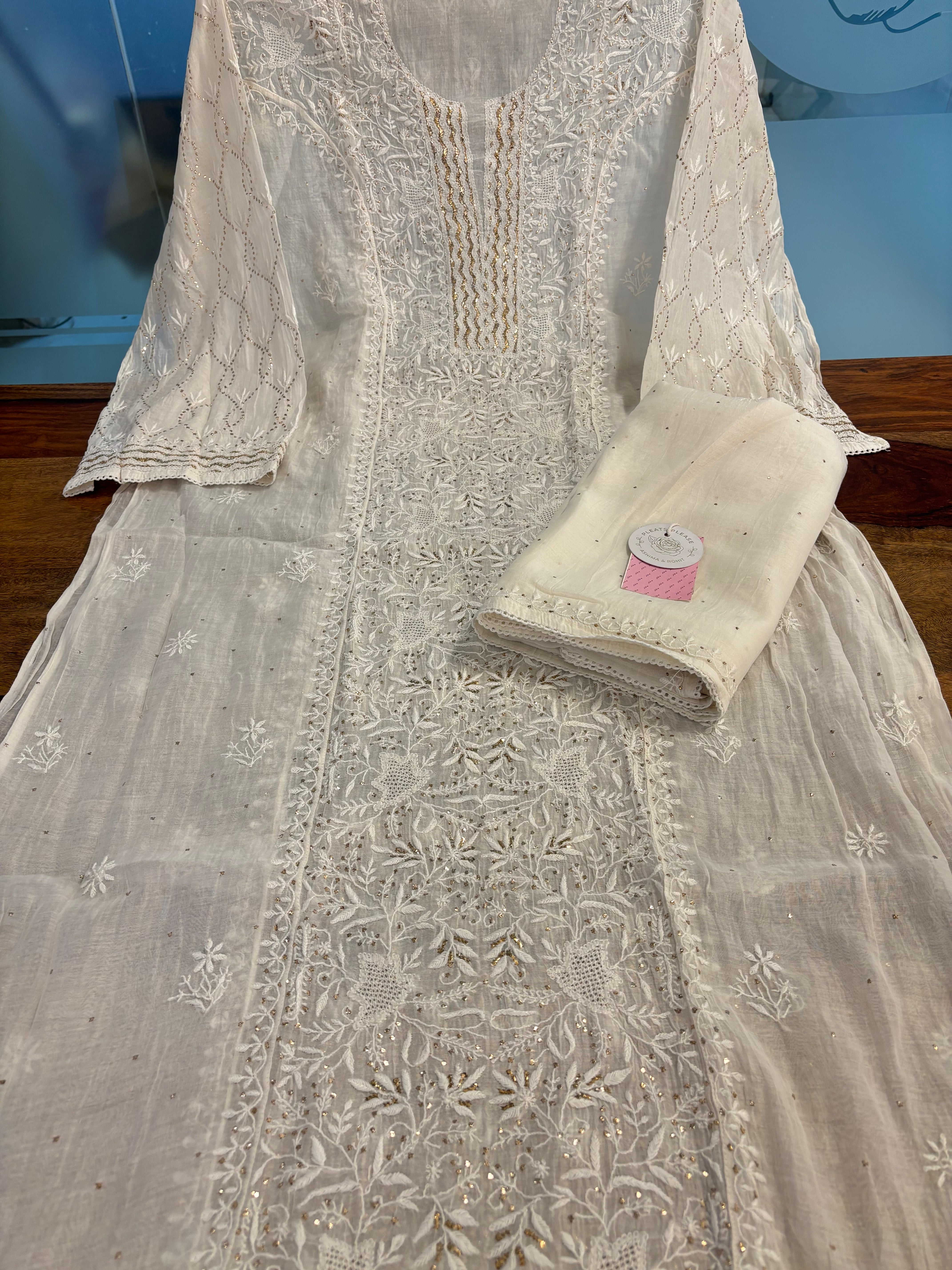 Dyeable Chanderi Chikankari Mukaish Kurta & Dupatta - Pleats PleaseChikankari