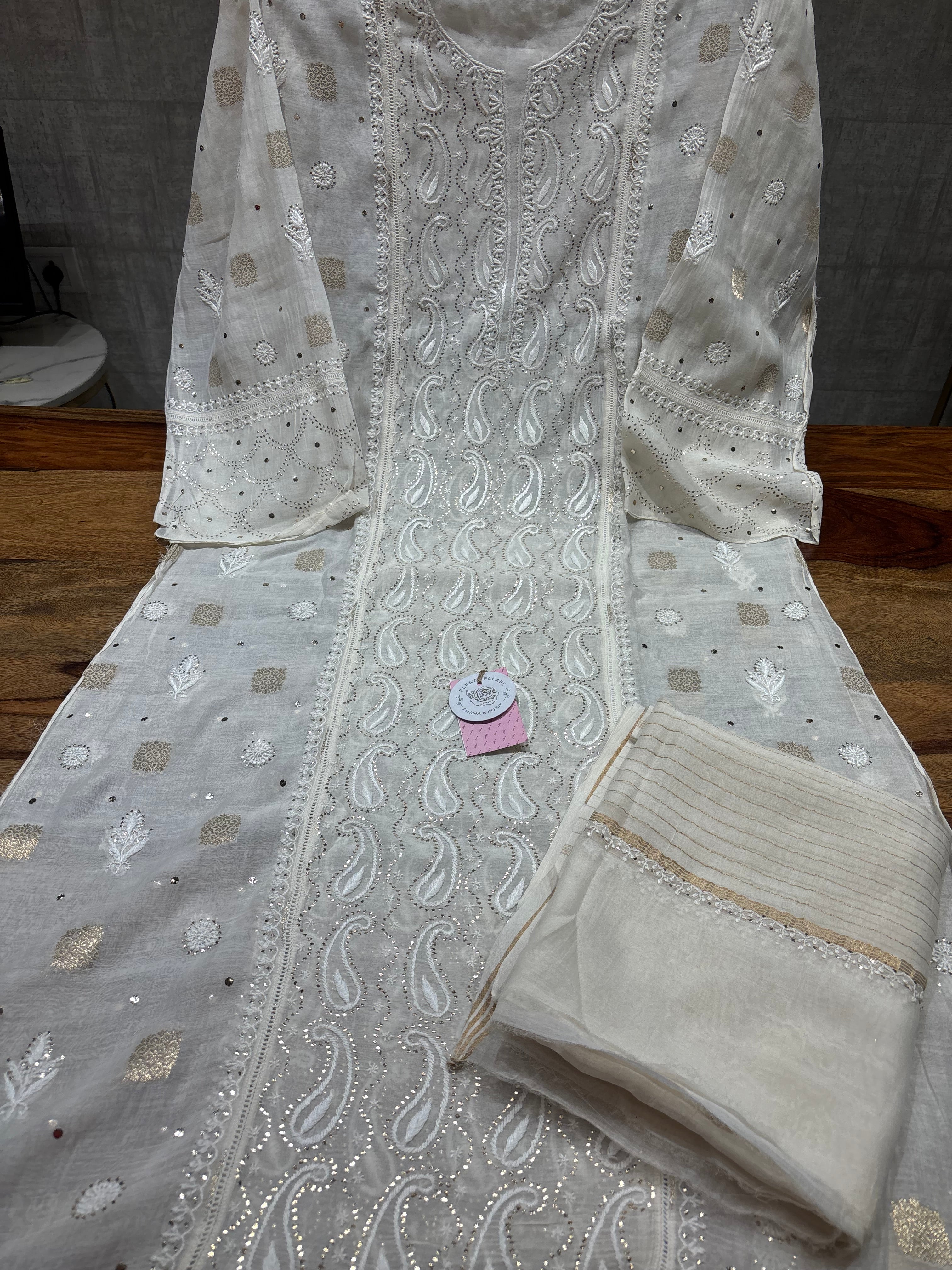 Dyeable Chanderi Mul Chikankari & Mukaish Kurta & Dupatta Set