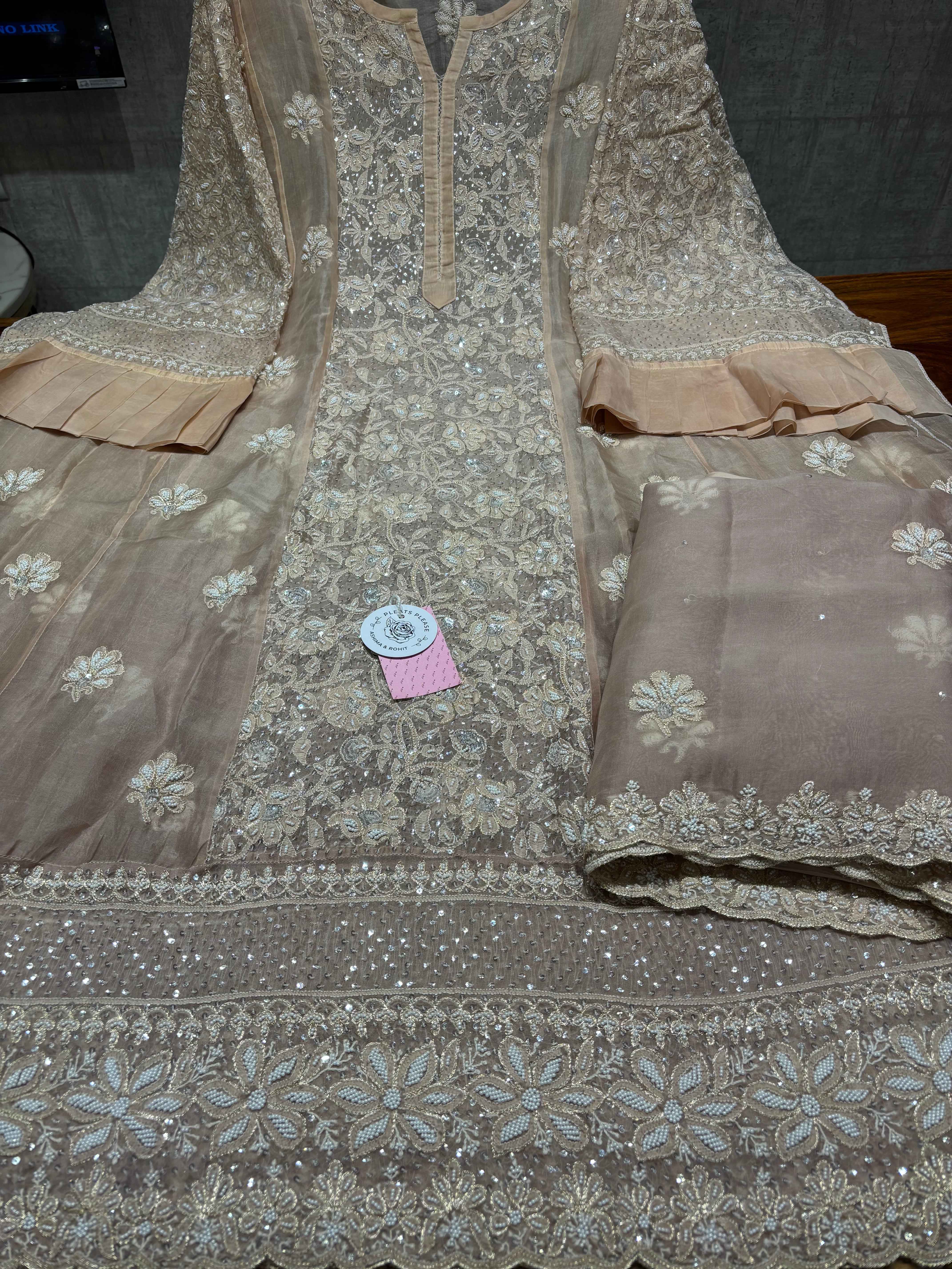 Brown Ombre Pure & Premium Organza Silk Chikankari Anarkali & Dupatta - Pleats PleaseChikankari