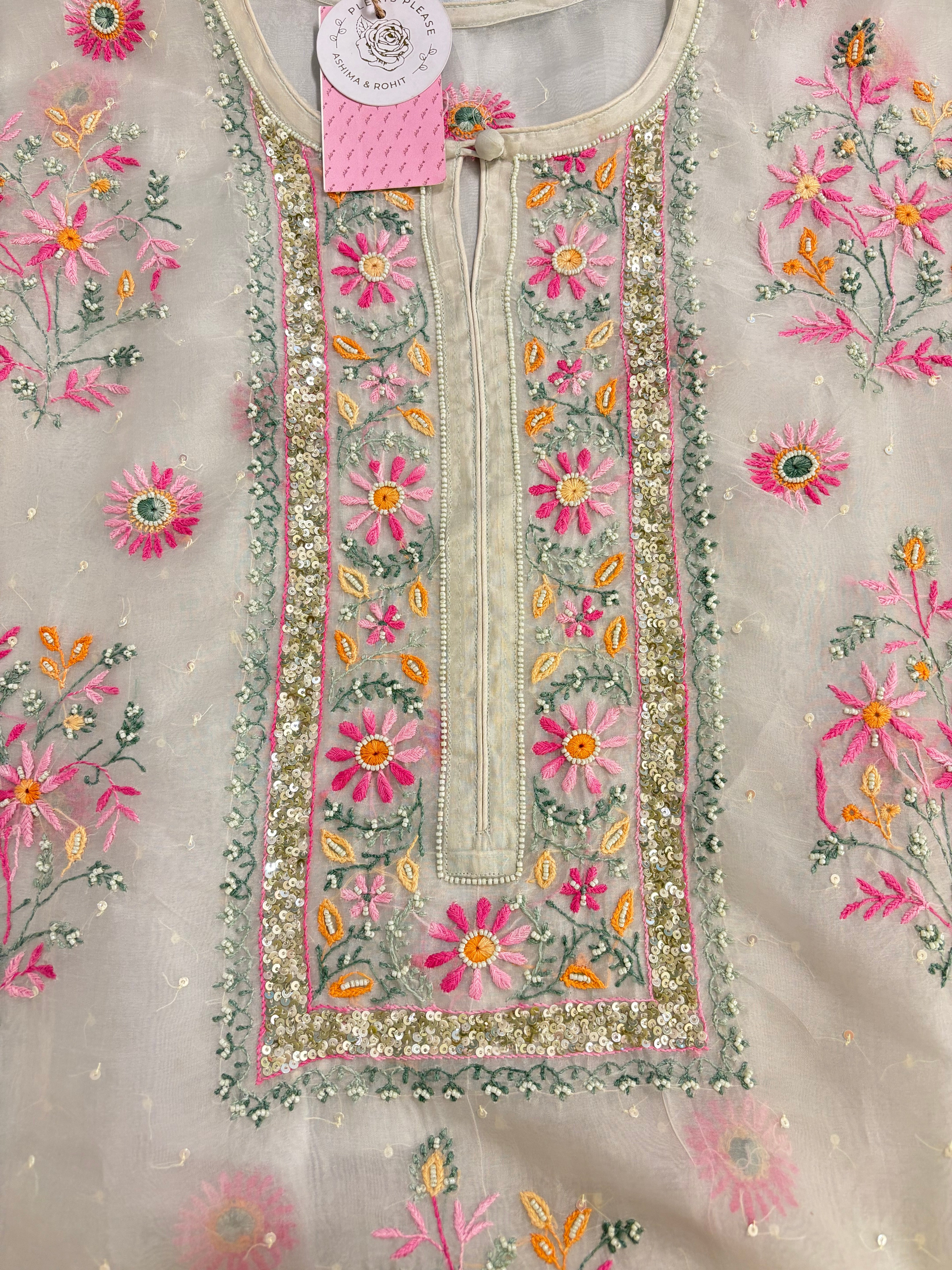 Ivory Cream Pure Organza Chikankari Kurta & Dupatta