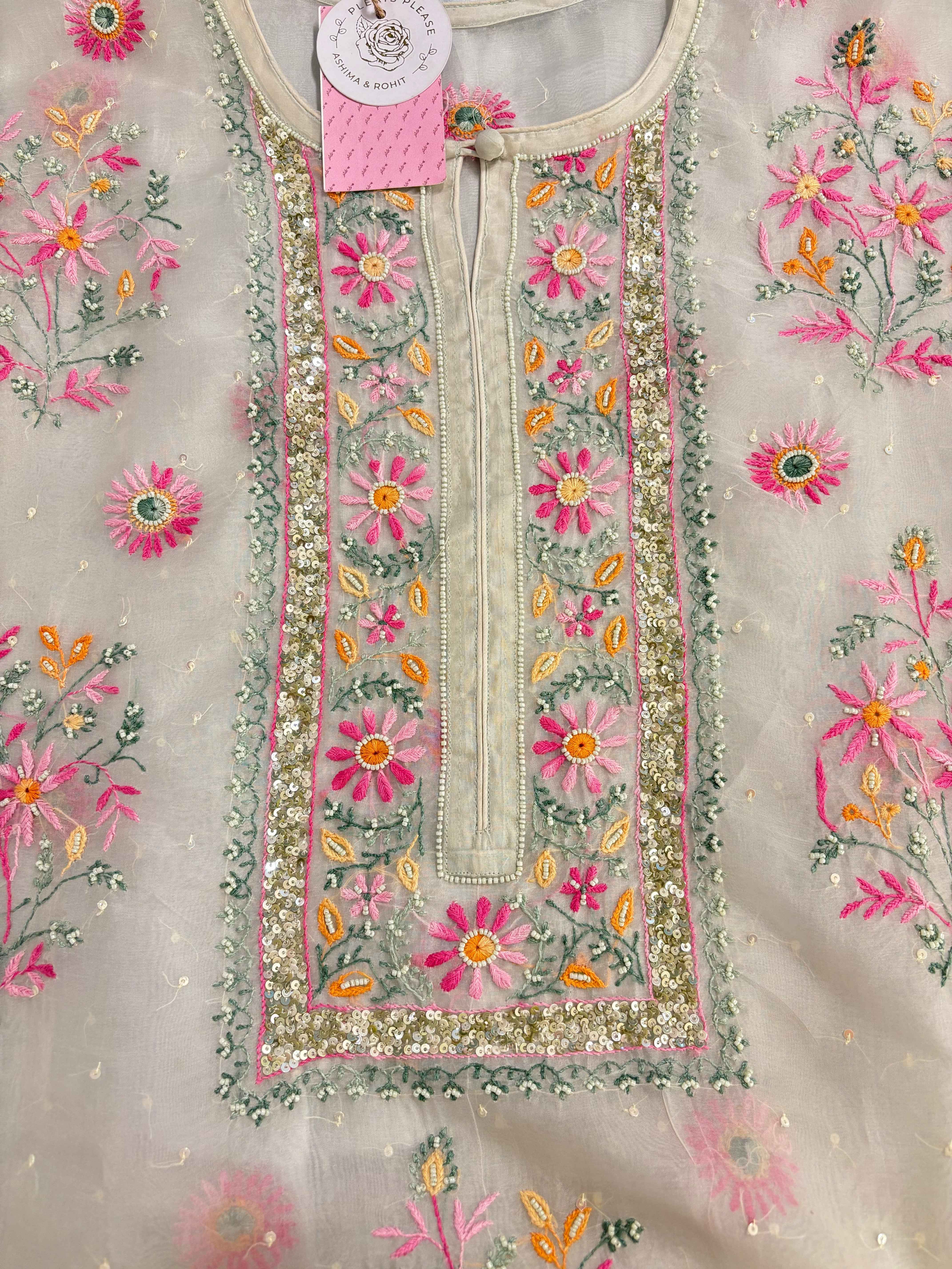 Ivory Cream Pure Organza Chikankari Kurta & Dupatta