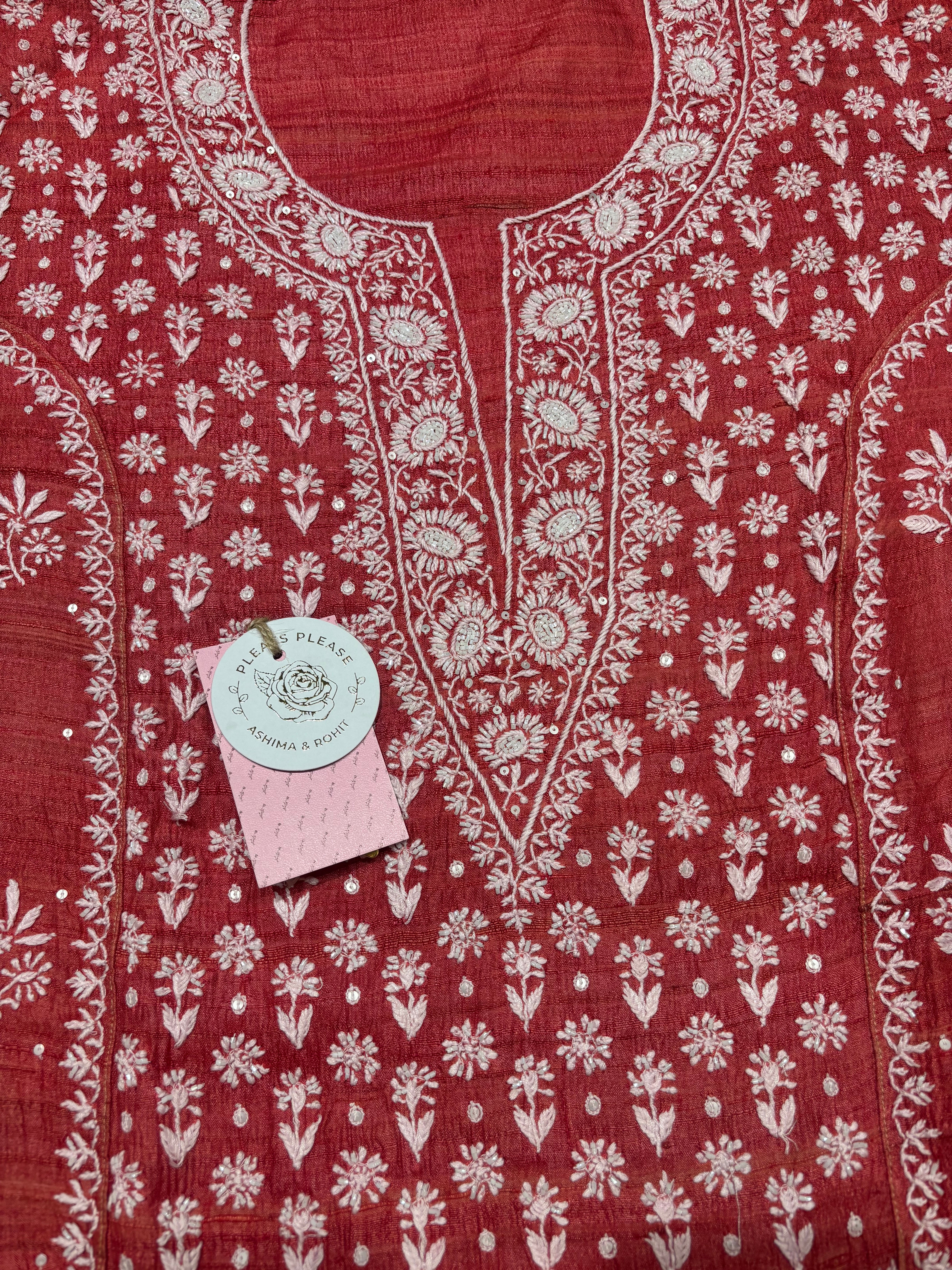 Red Pure & Premium Tussar Silk Chikankari Kurta & Dupatta Set