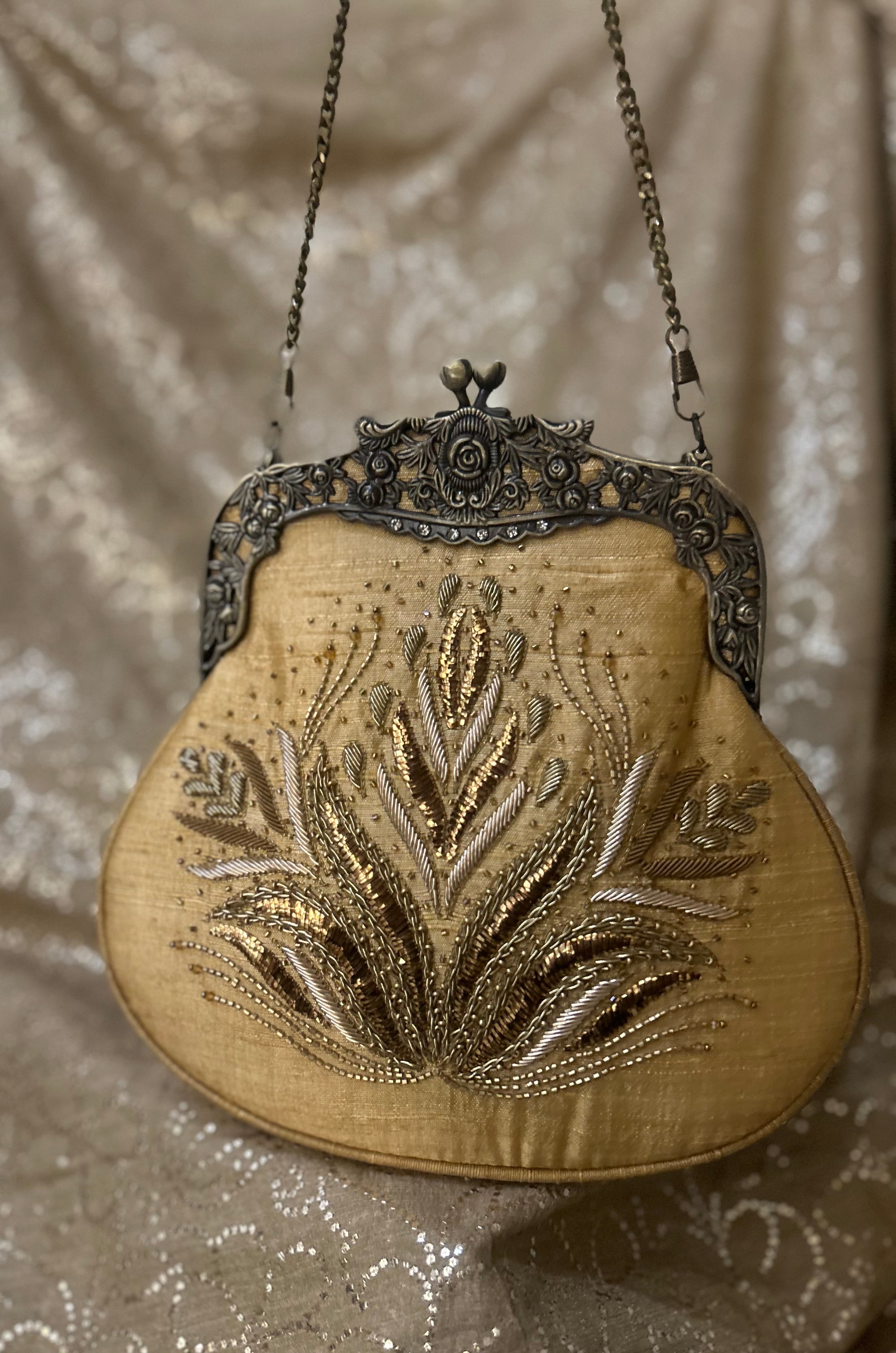 Beige Zardozi Mukaish Clutch Bag