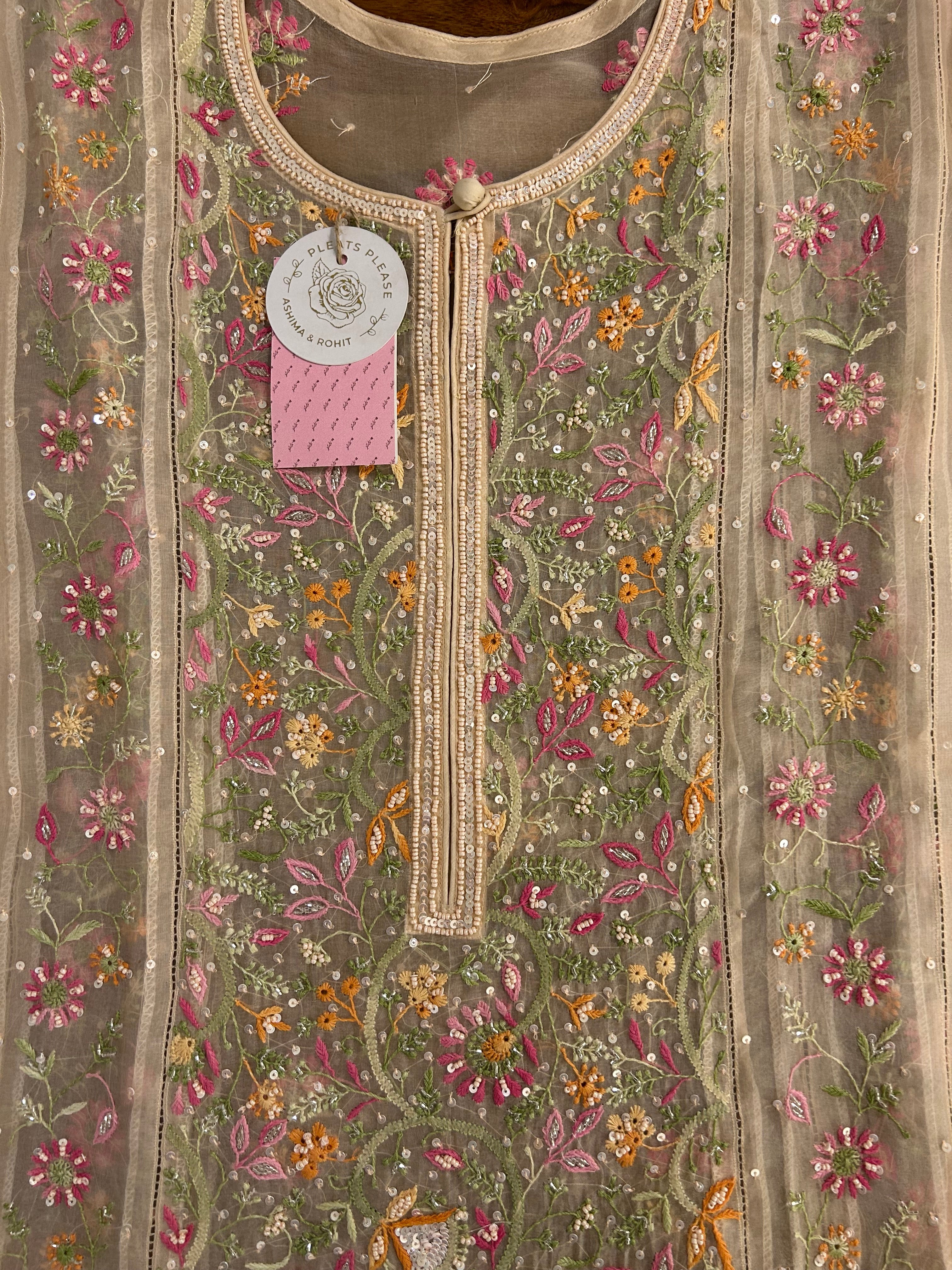 Blush Cream Pure Organza Chikankari Kurta & Dupatta