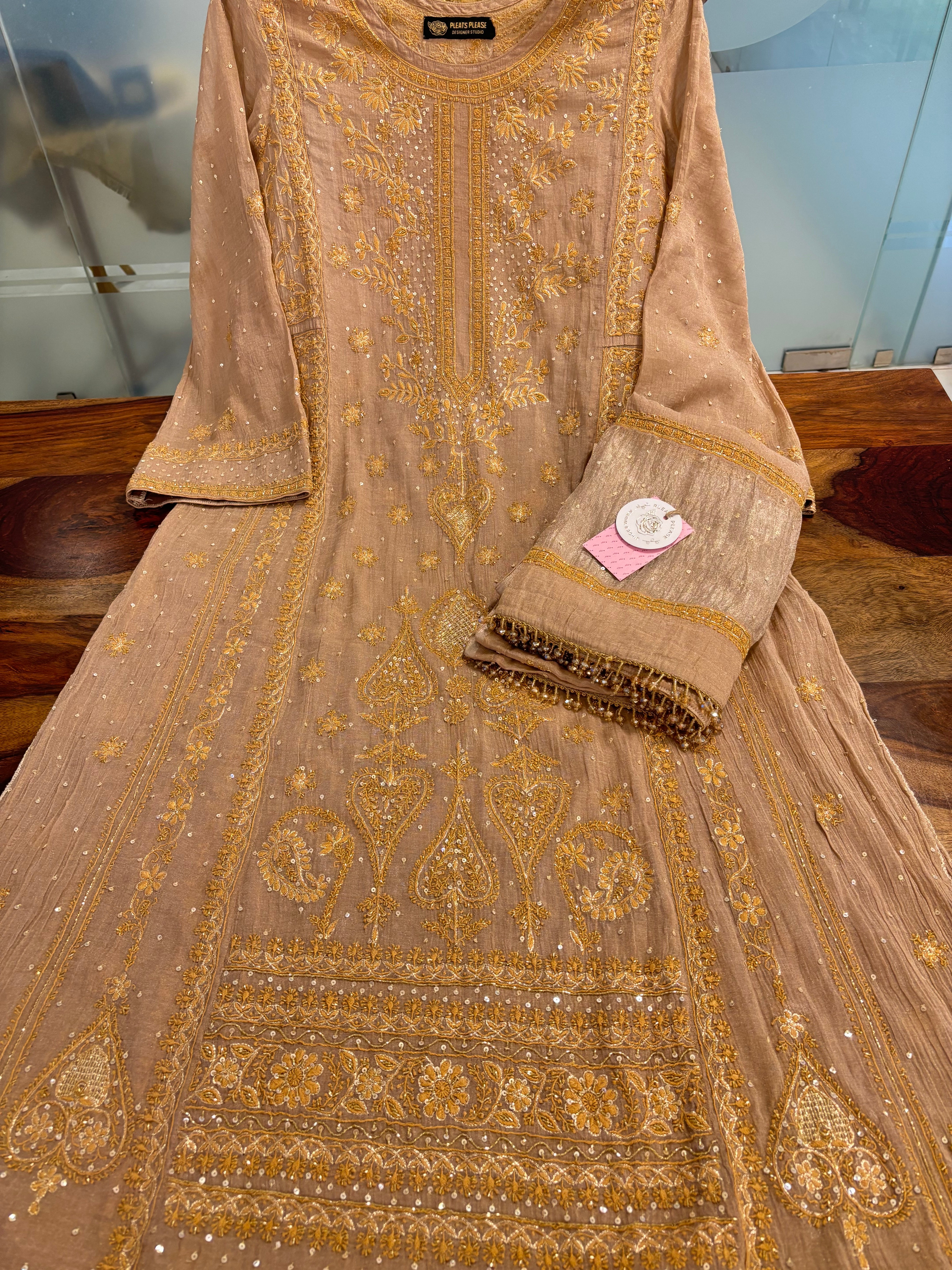Rosewood Taupe Pure & Premium Tissue Chikankari A line Anarkali & Dupatta