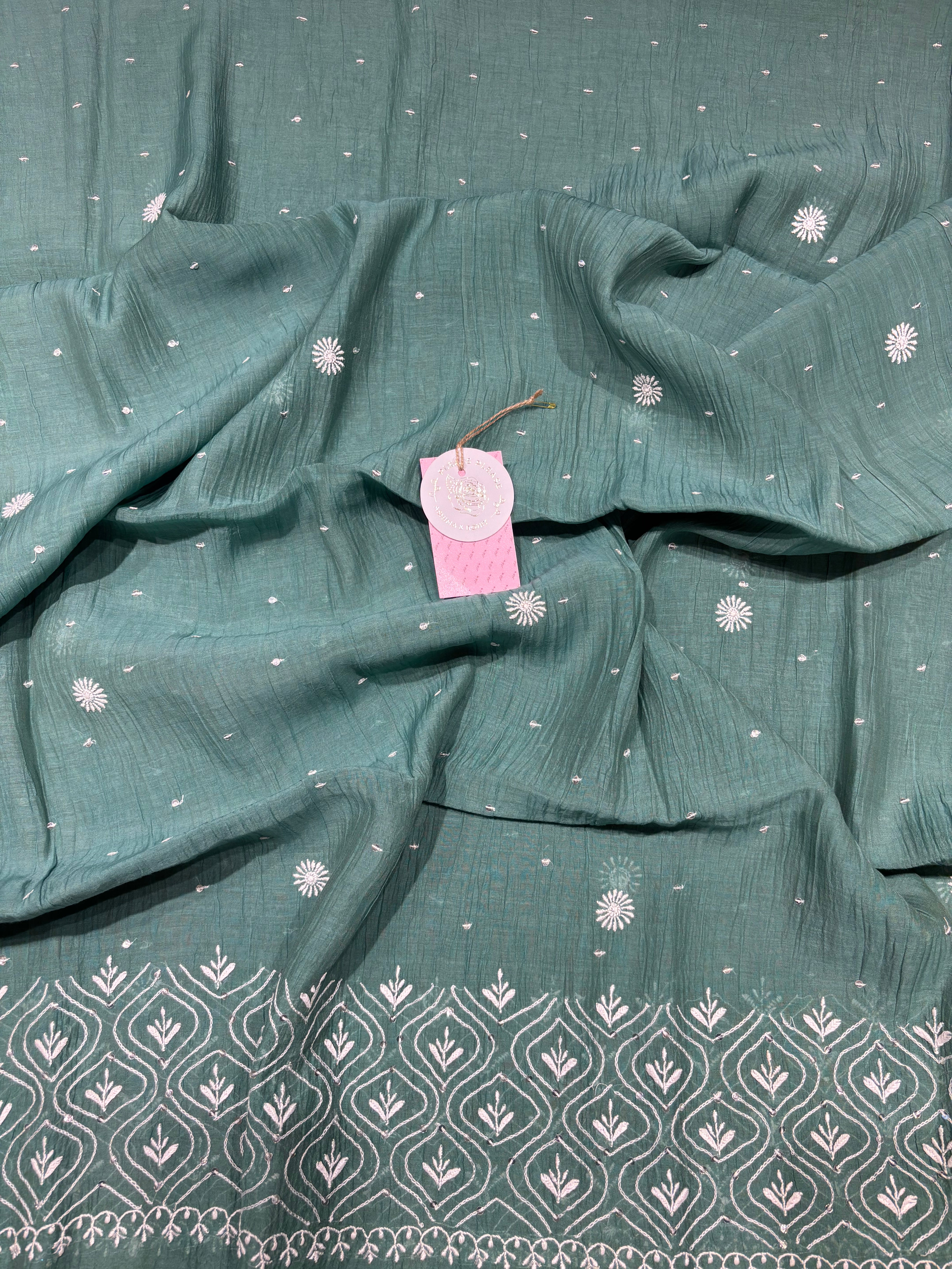 Clover Green Chanderi Mul Chikankari Kurta & Dupatta set