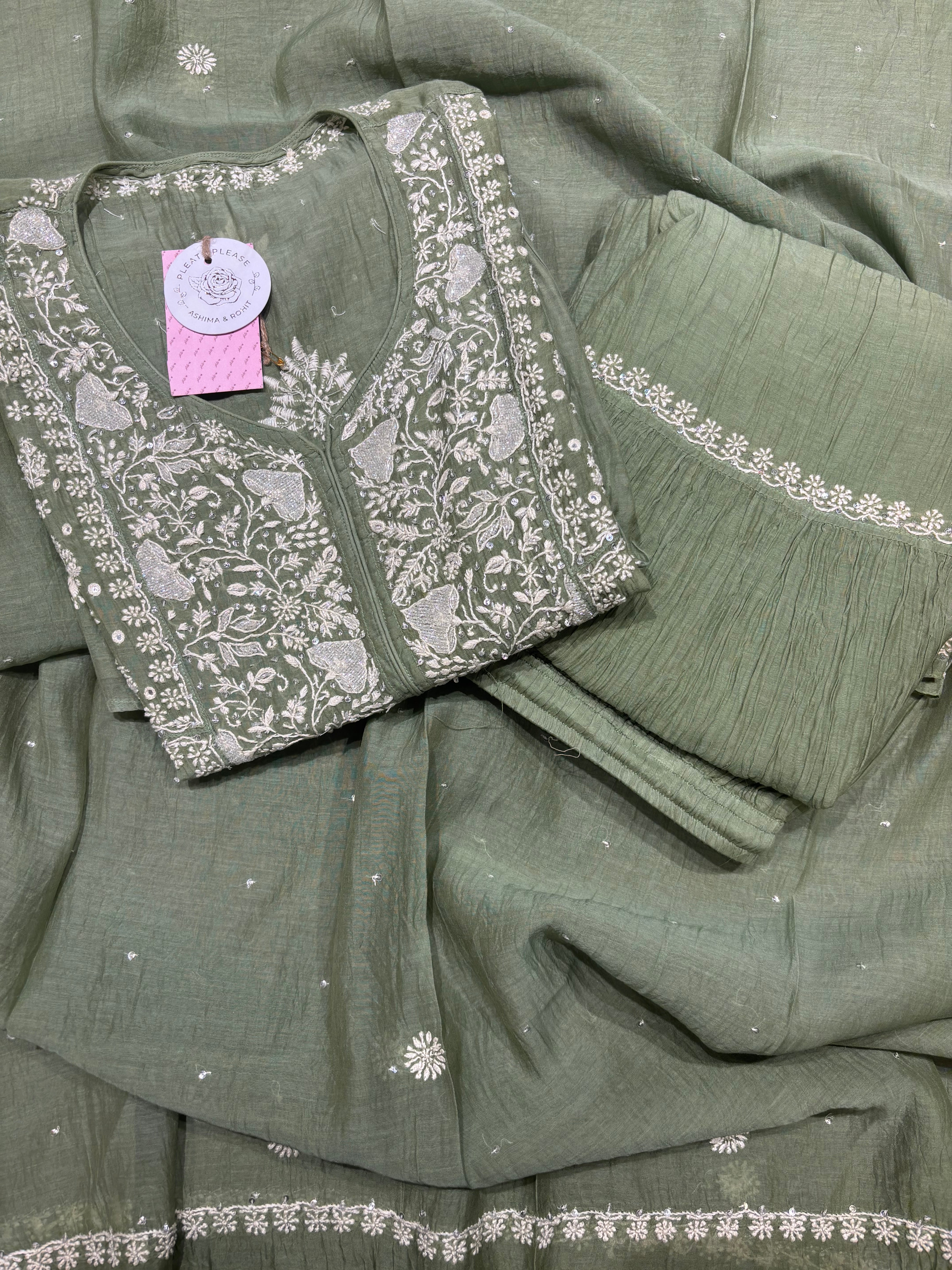 Sage Green Chanderi Mul Chikankari Kurta, Sharara & Dupatta Set
