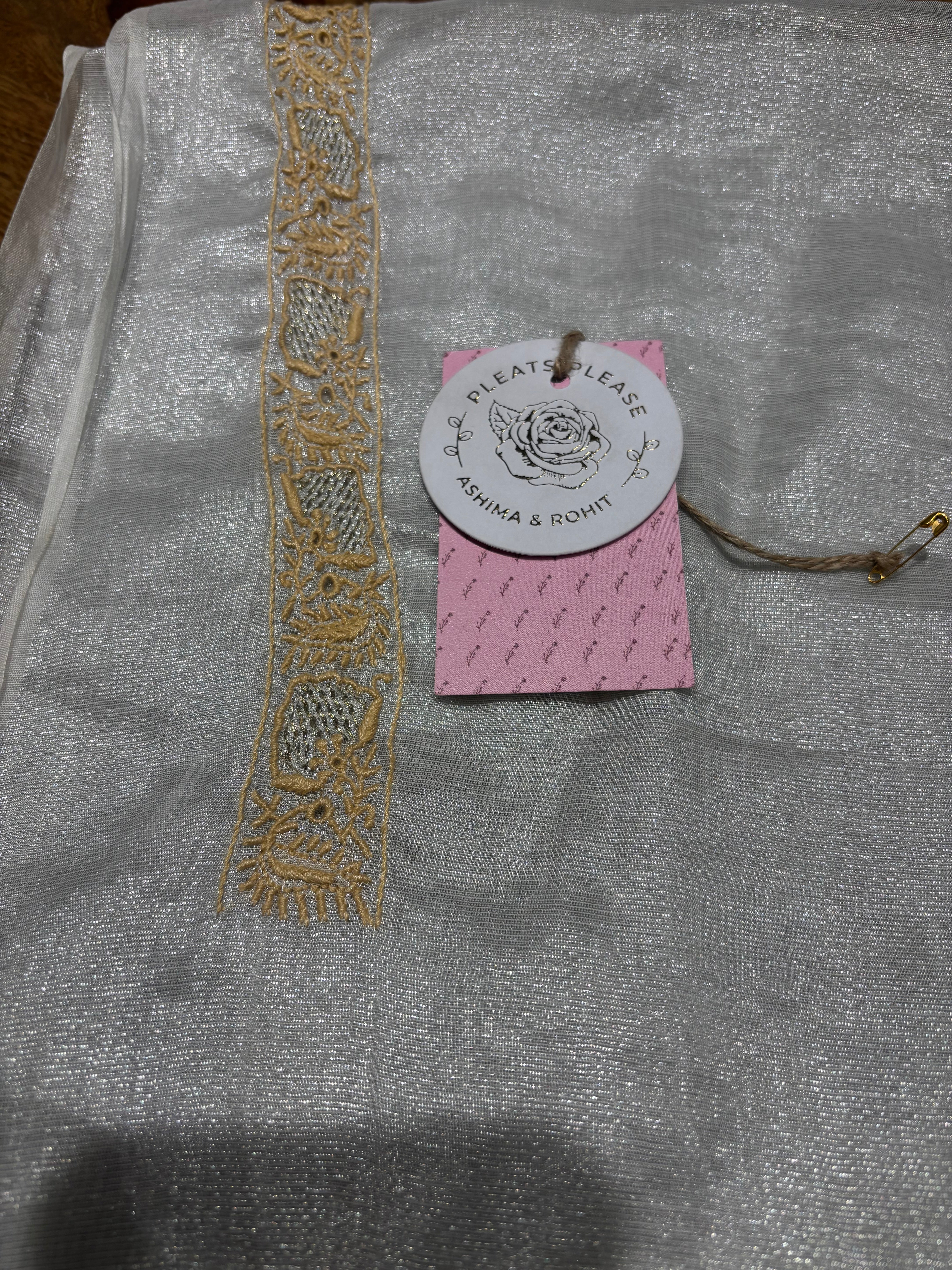 Dyeable Silver Tissue Chikankari Men’s Kurta Fabric - Pleats PleaseChikankari