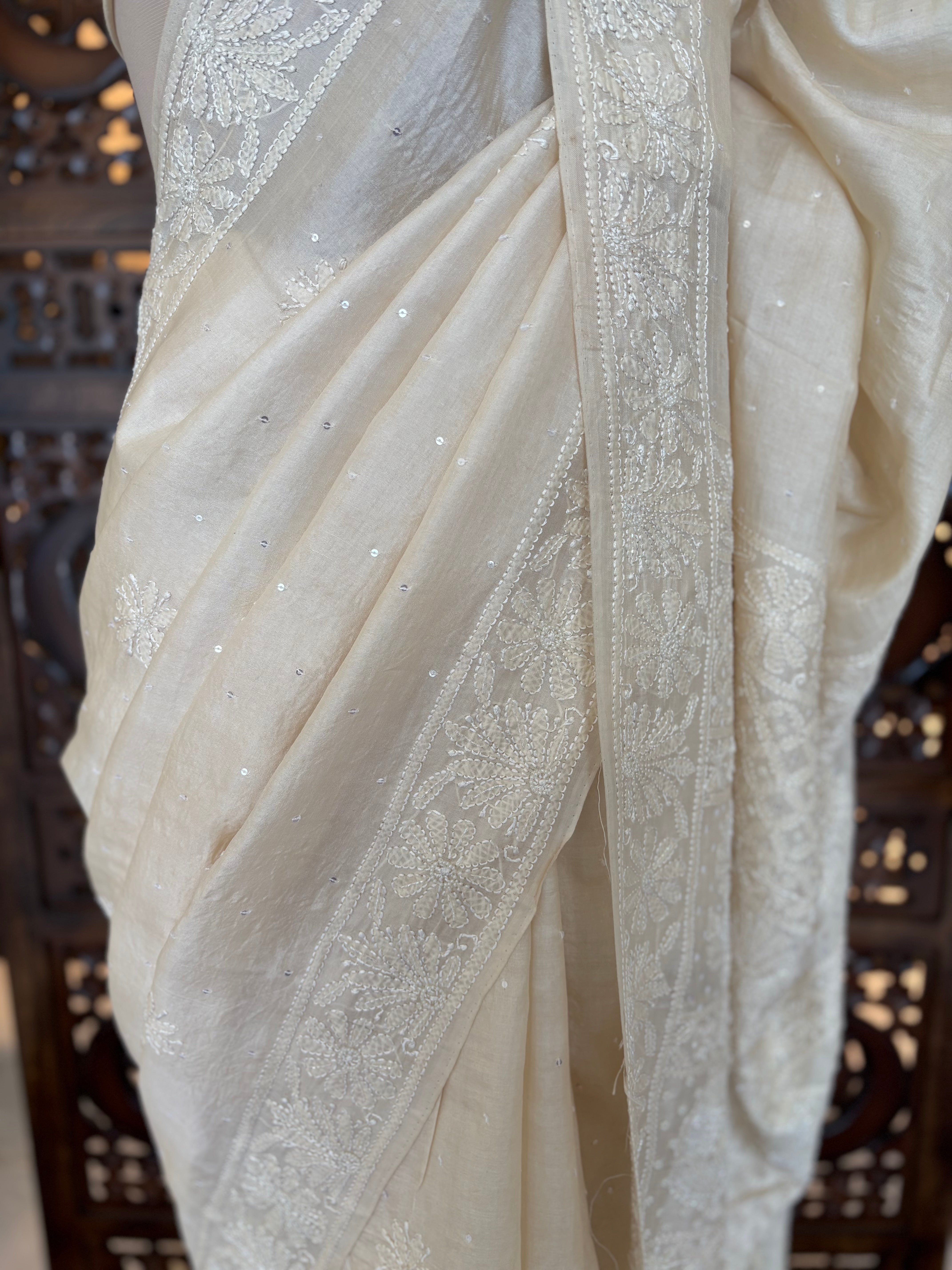 Dyeable Pure & Premium White Tussar Silk Chikankari Saree & Blouse