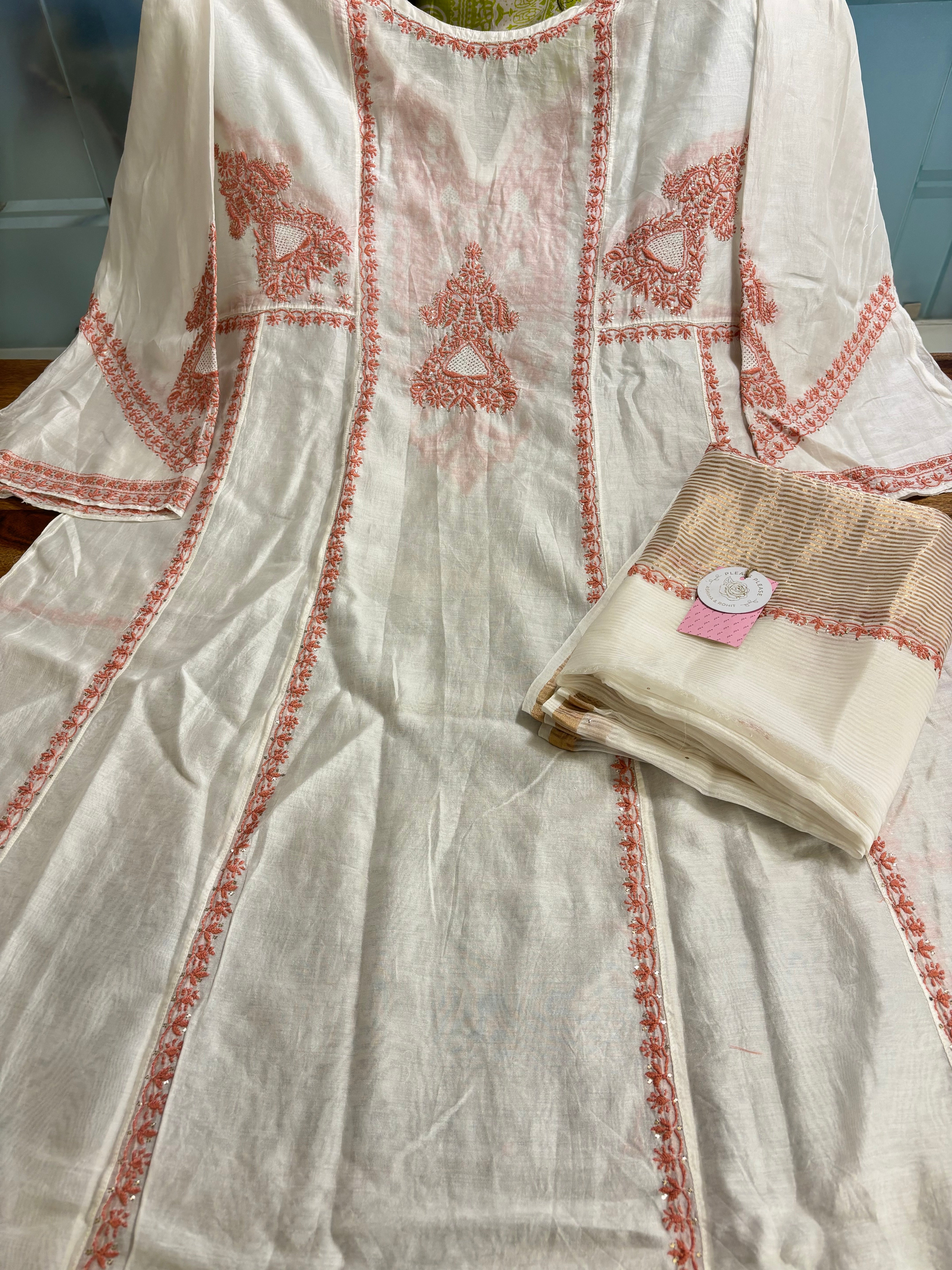 Dyeable Chanderi Chikankari Mukaish Anarkali & Dupatta Set