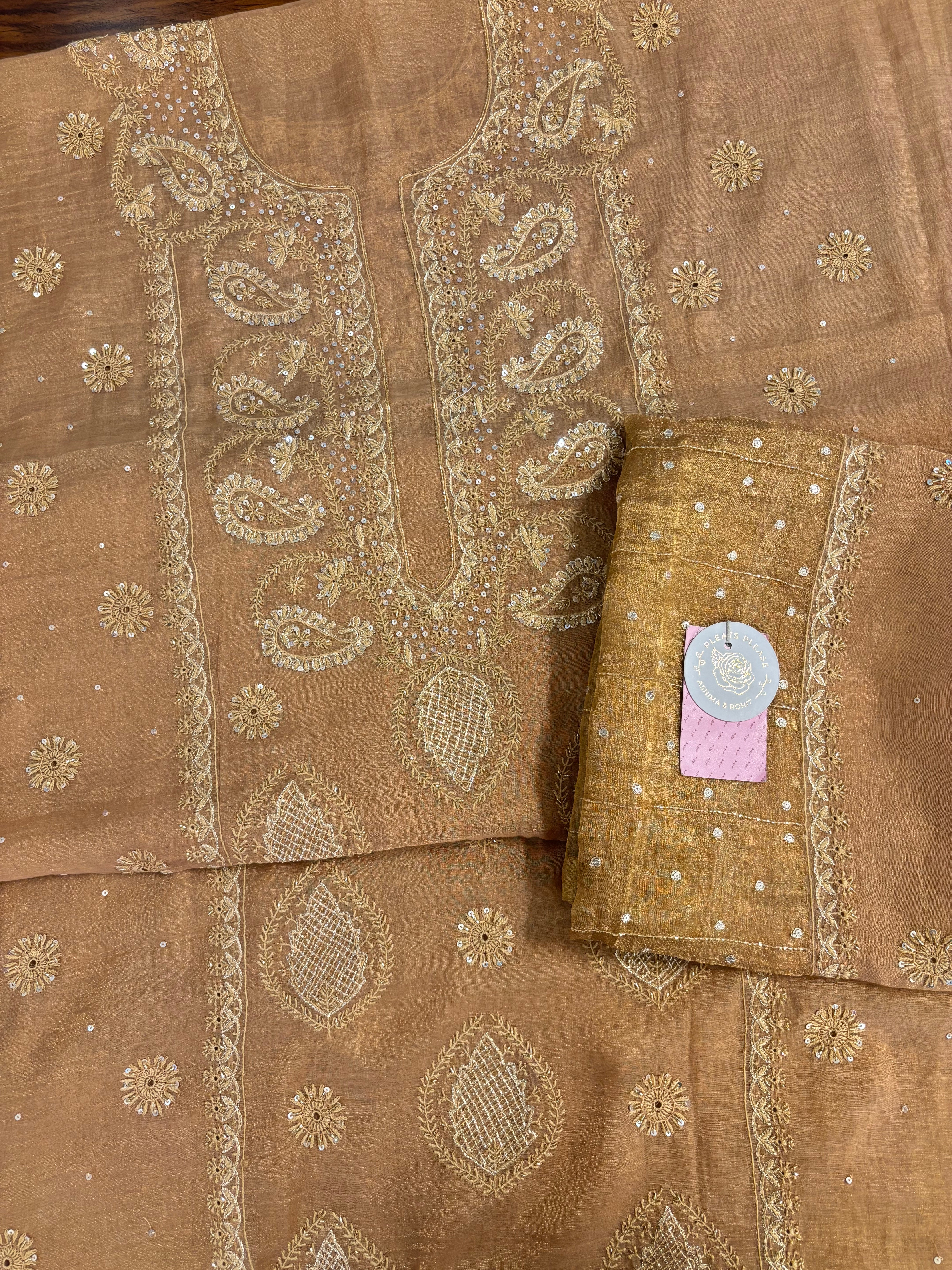 Golden Honey Pure & Premium Tissue Chikankari Kurta & Dupatta