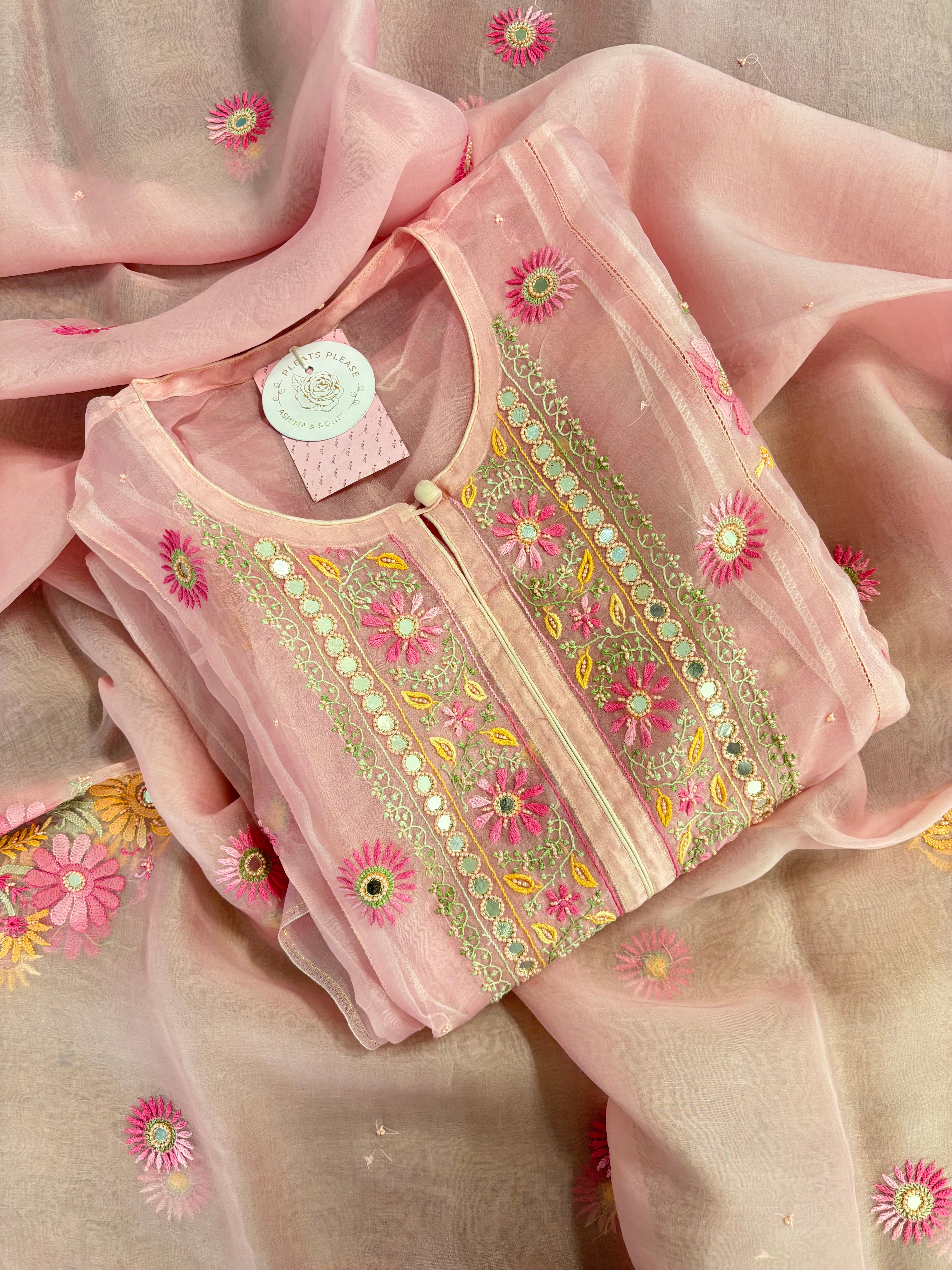 Petal-Blush Pure Organza Chikankari Kurta & Dupatta