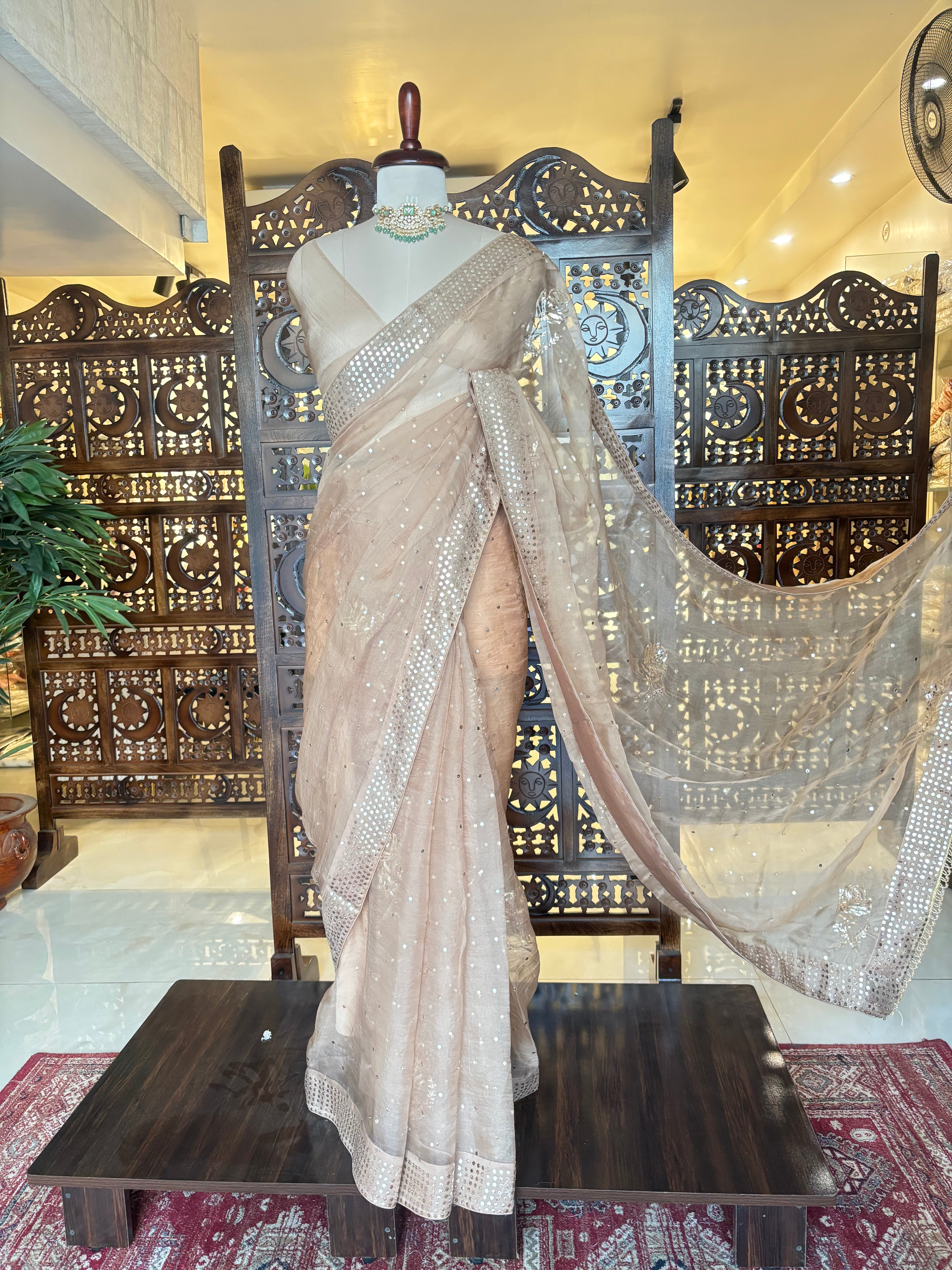 Nude Beige Pure Organza Mukaish Saree