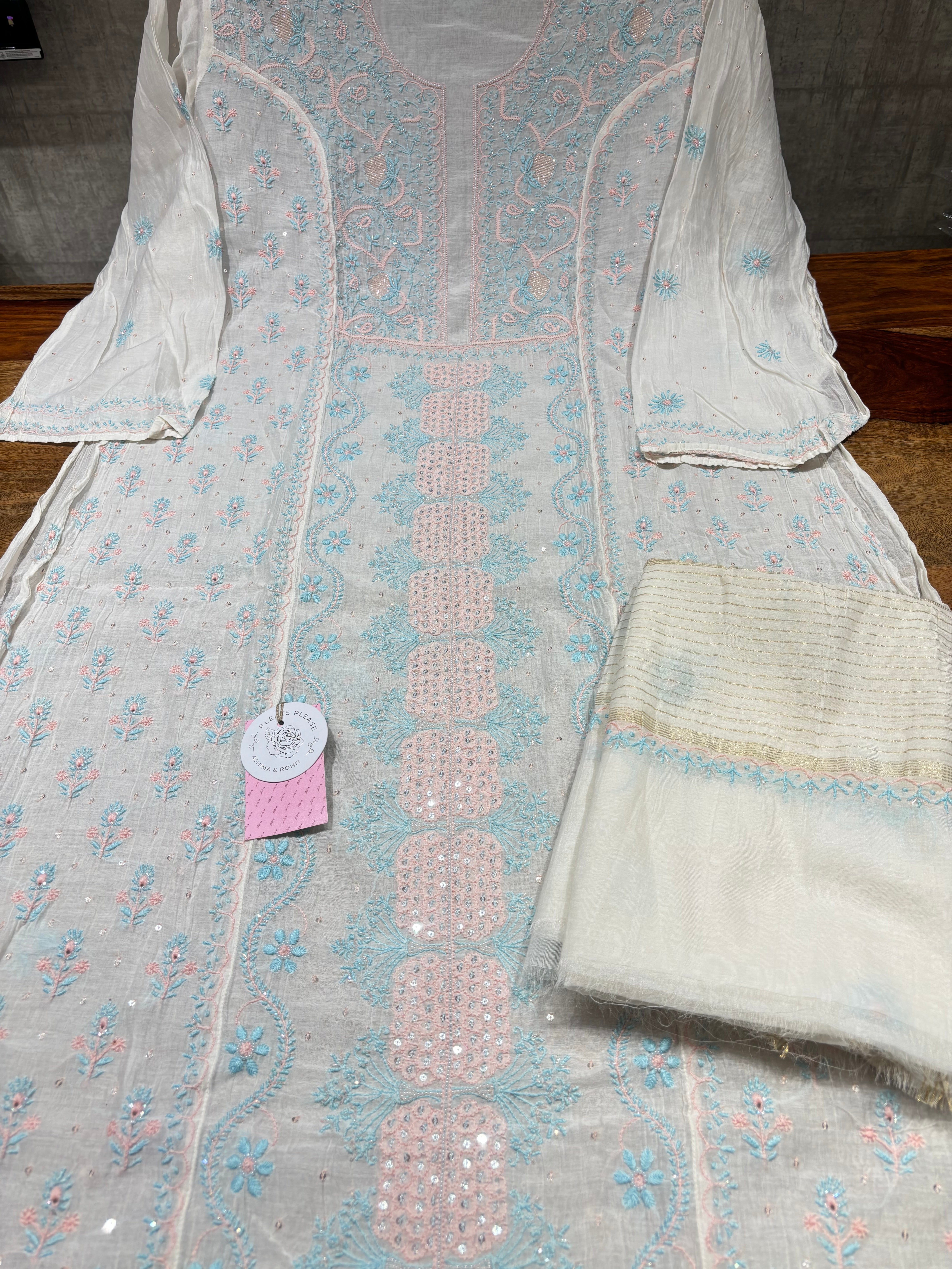 Dyeable Chanderi Mul Chikankari Kurta & Dupatta Set